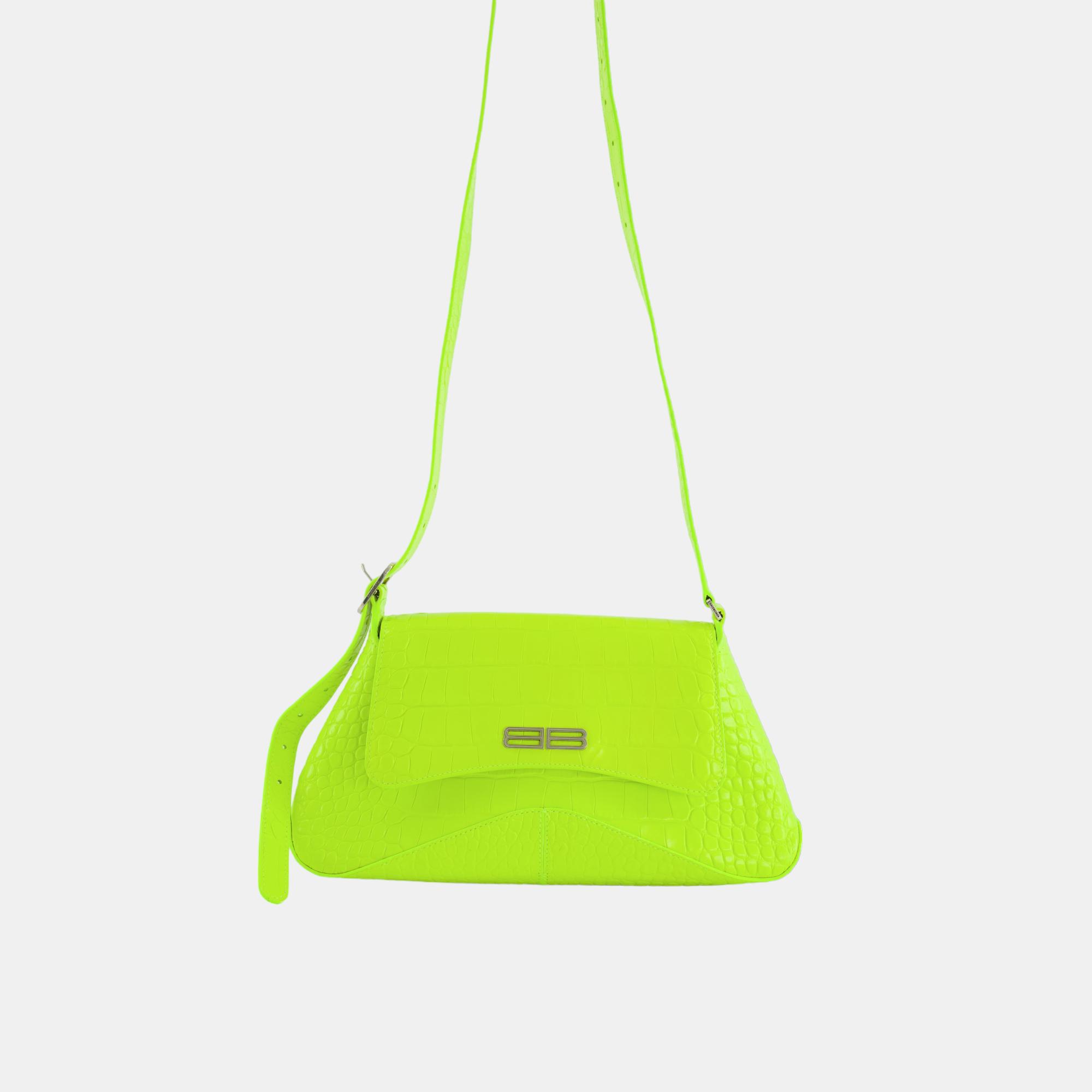 Balenciaga Neon Yellow Croc Embossed Calf Leather XX Shoulder Bag