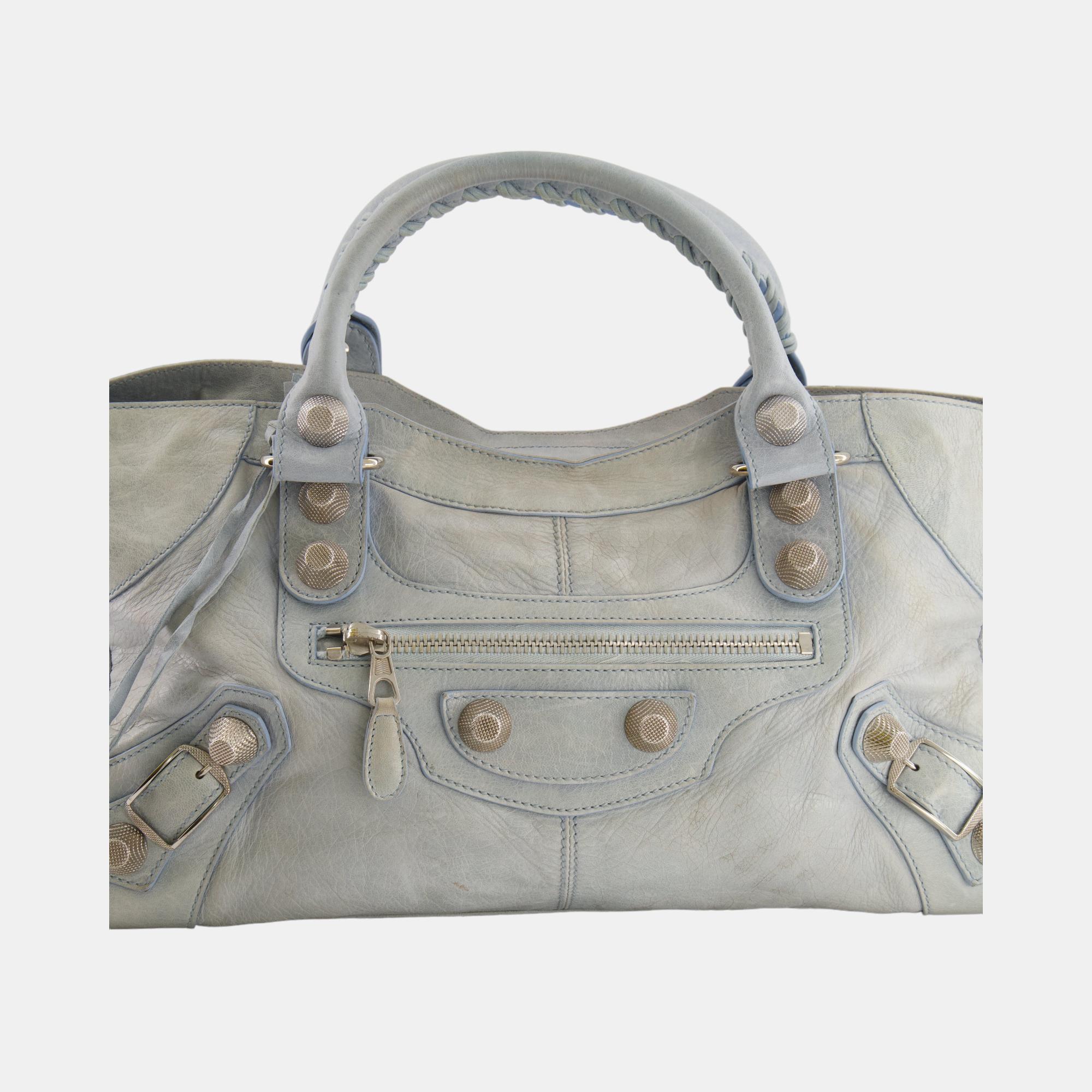 Balenciaga Ice Blue Large Leather City Bag With Silver Hardware