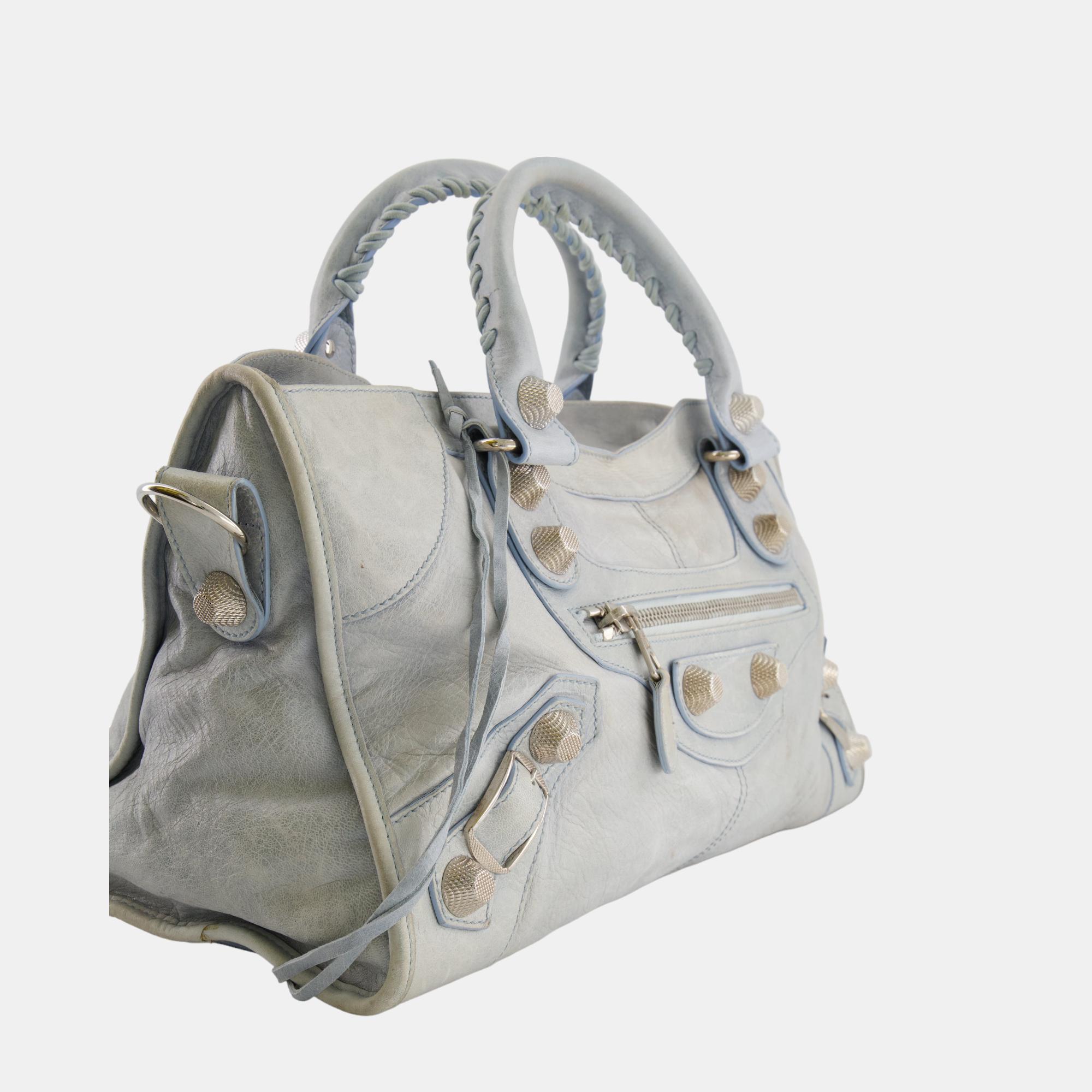 Balenciaga Ice Blue Large Leather City Bag With Silver Hardware