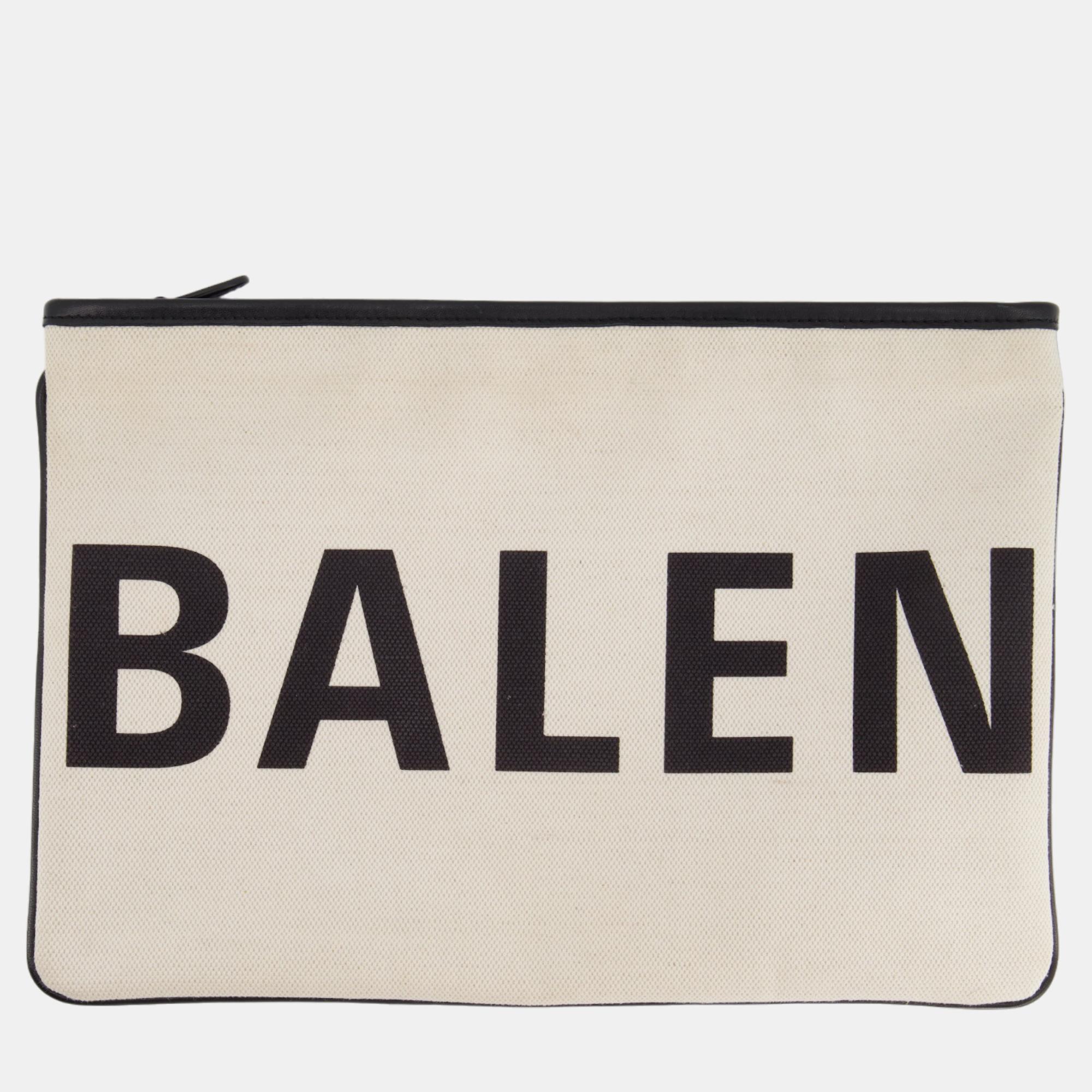 Balenciaga cream and black logo pochette bag in canvas with silver hardware