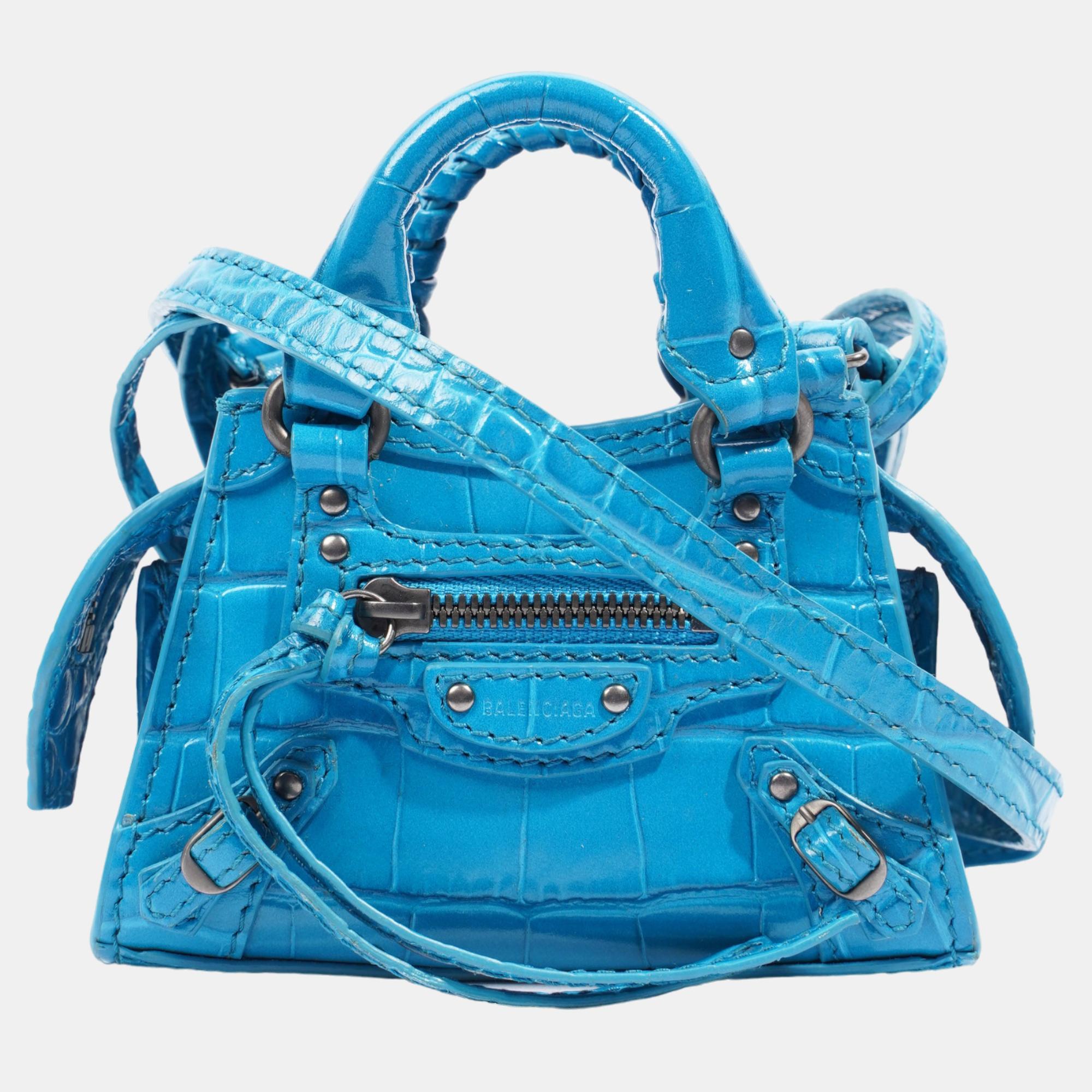 Balenciaga city bag blue embossed leather nano
