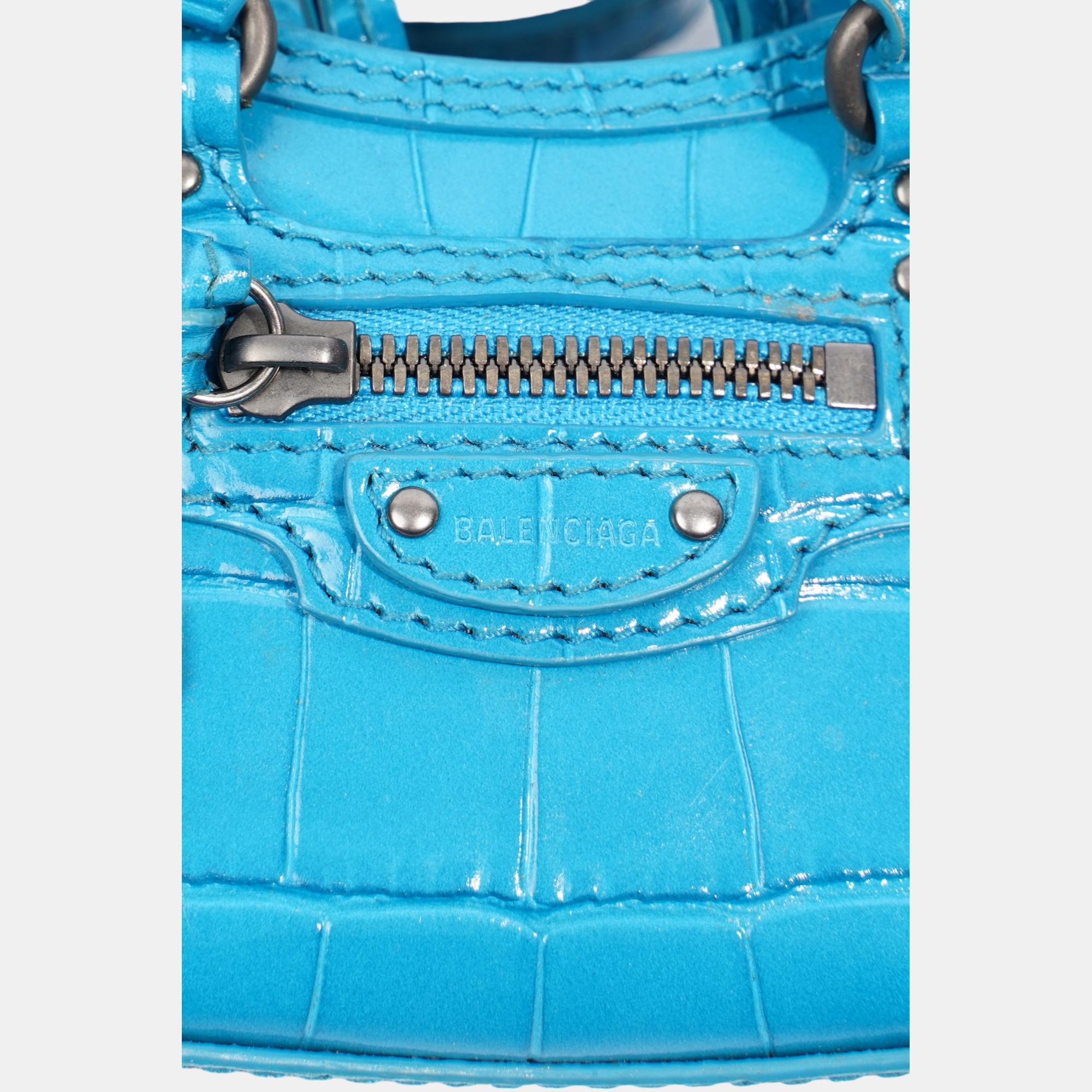 Balenciaga City Bag Blue Embossed Leather Nano