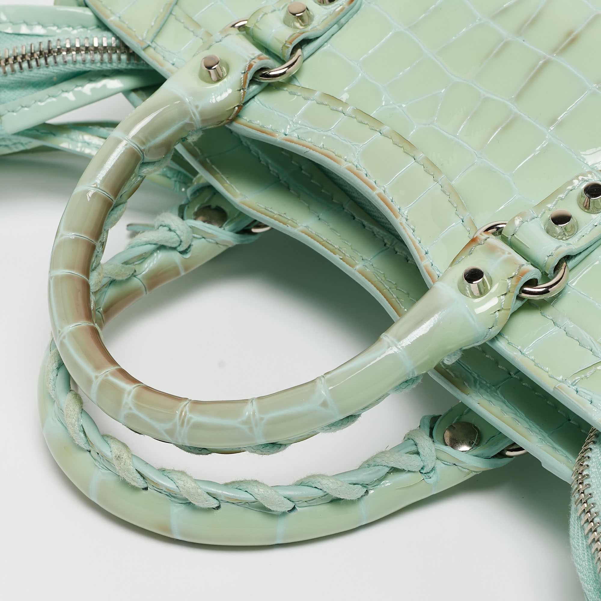 Balenciaga Mint Green Croc Embossed Patent Leather Nano Classic City Tote