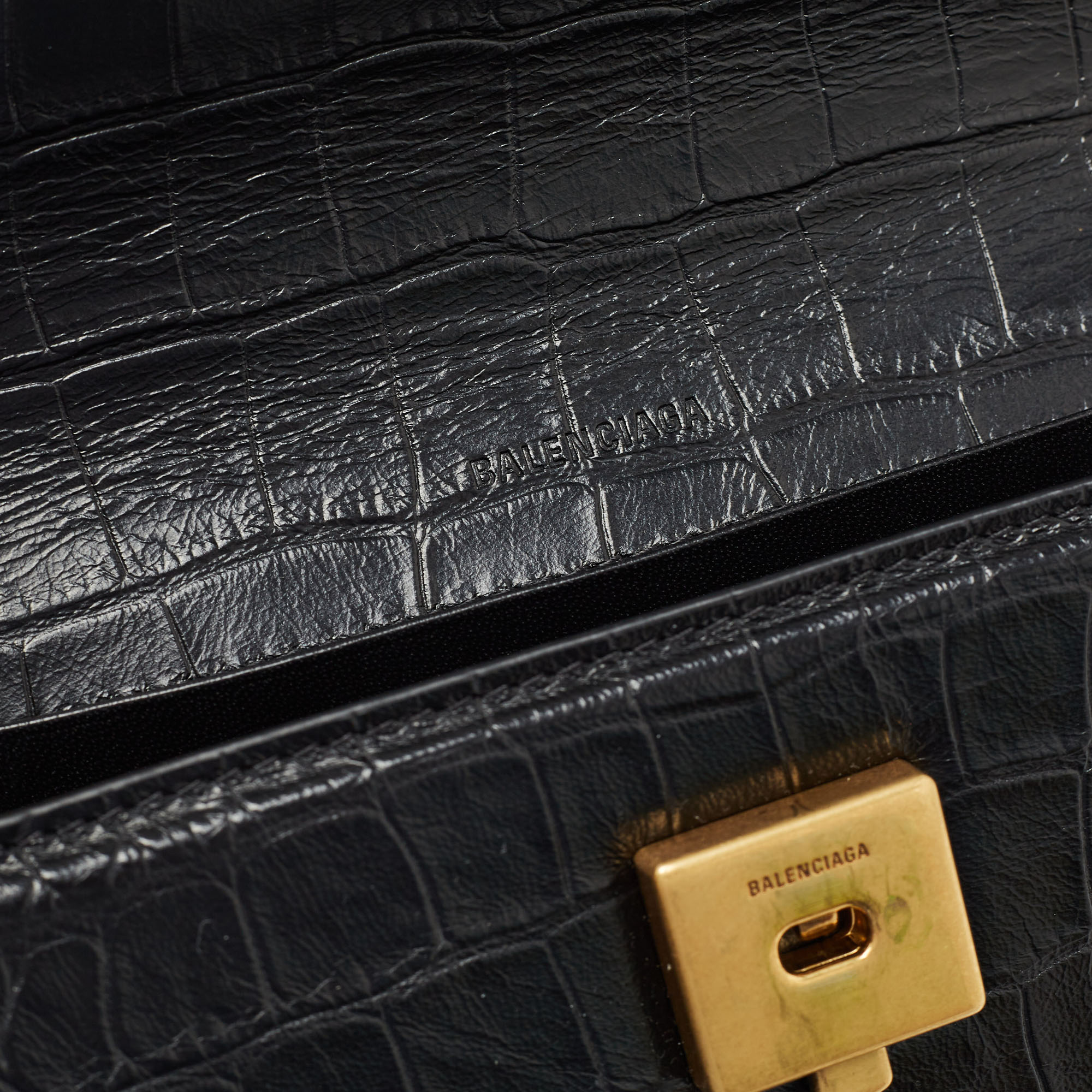 Balenciaga Black Croc Embossed Leather Gossip Wallet On Chain