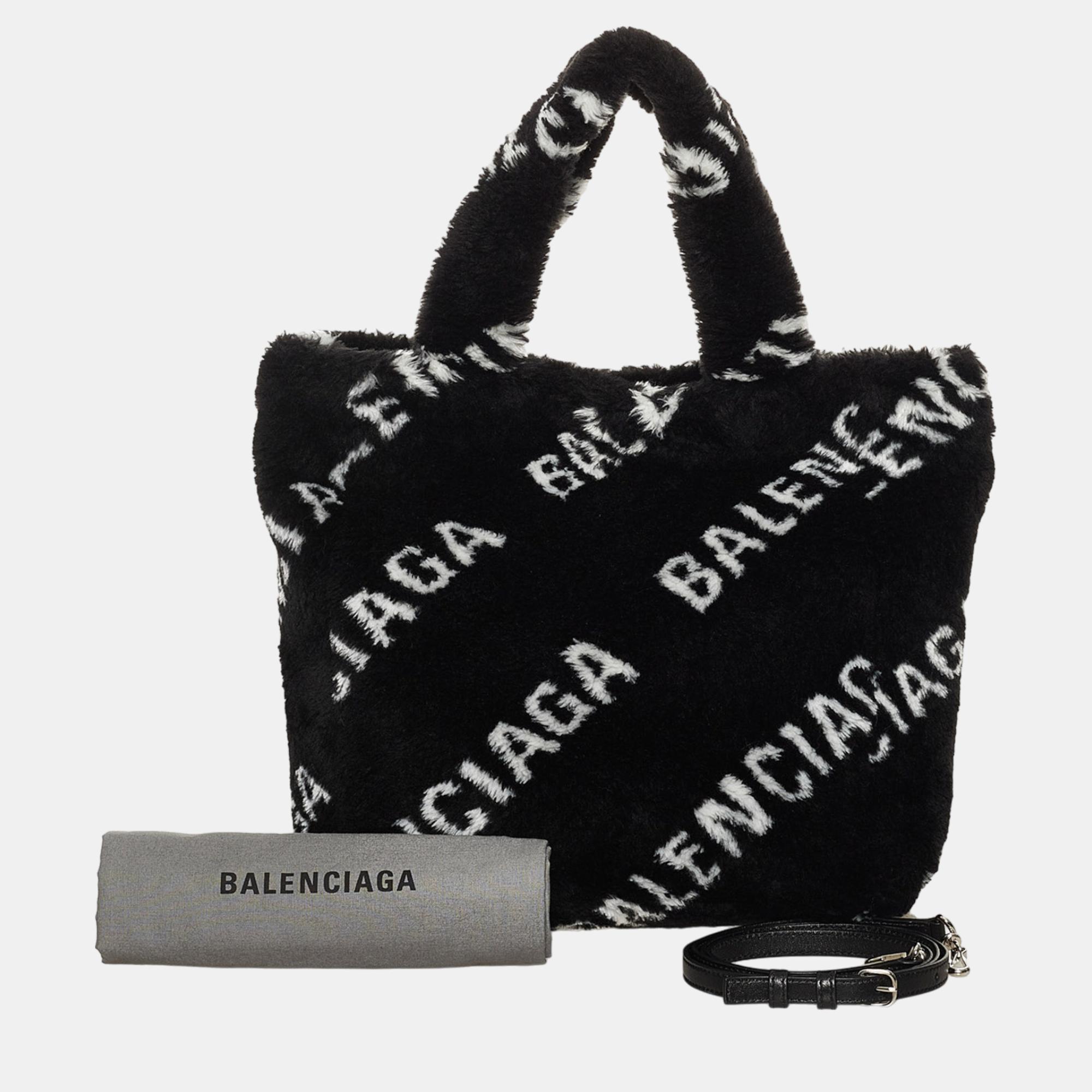 Balenciaga Black Logo Faux Fur Everyday XS Tote