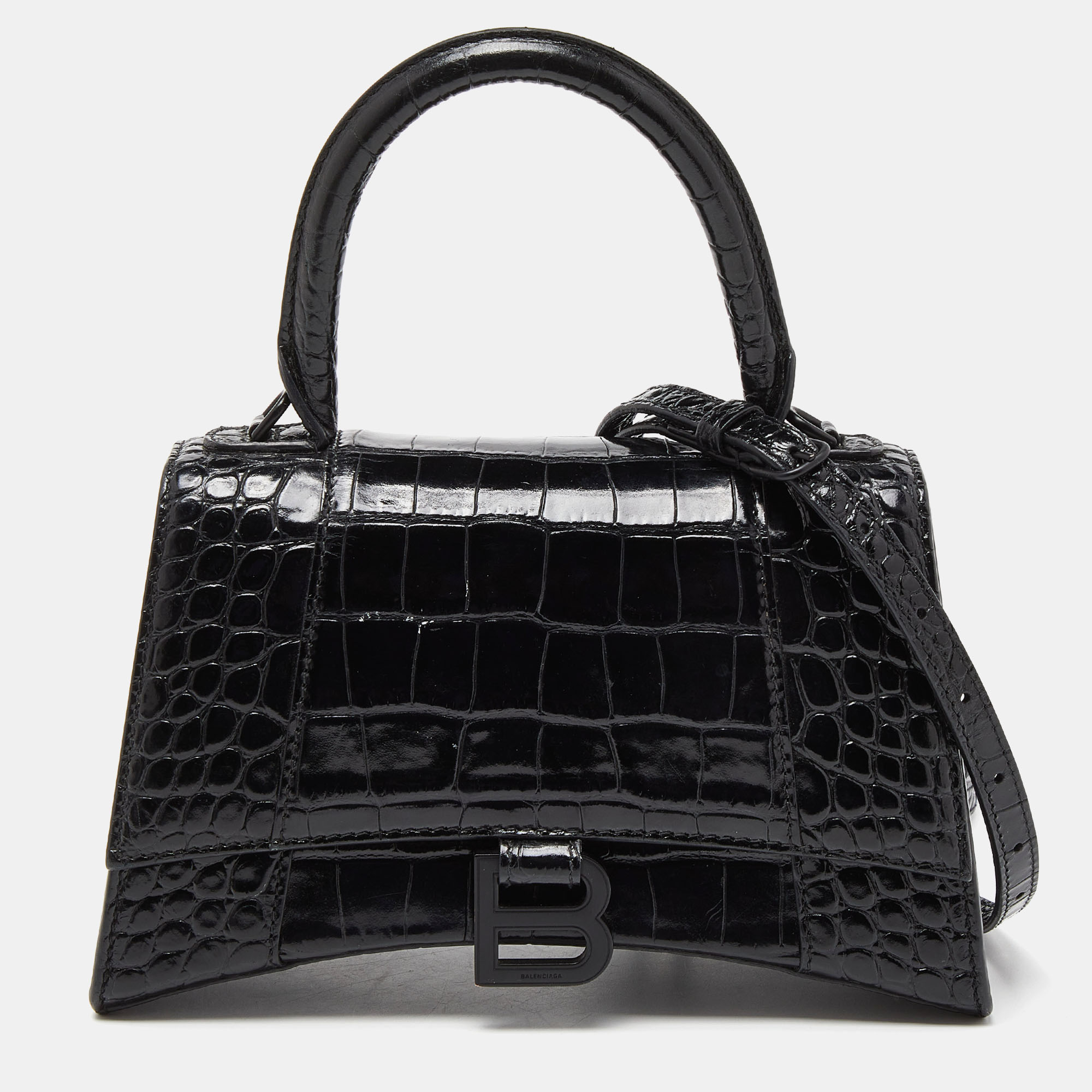 Balenciaga Black Croc Embossed Leather Small Hourglass Top Handle Bag