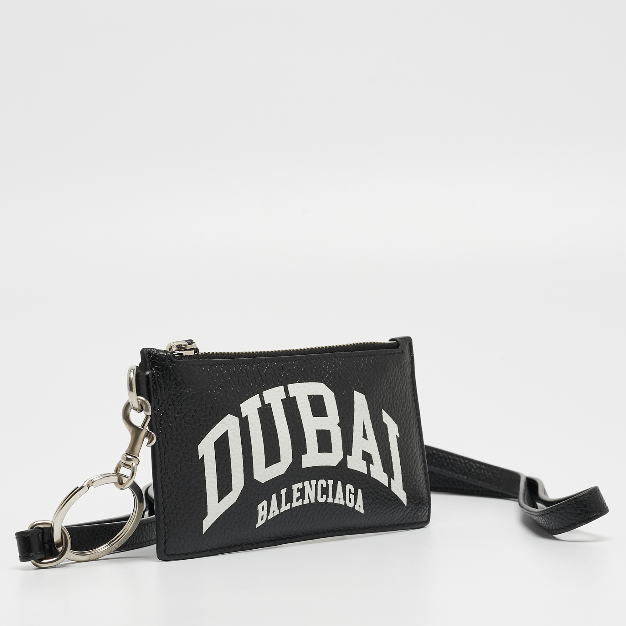 Balenciaga Black/White Leather Dubai Zip Card Holder With Strap