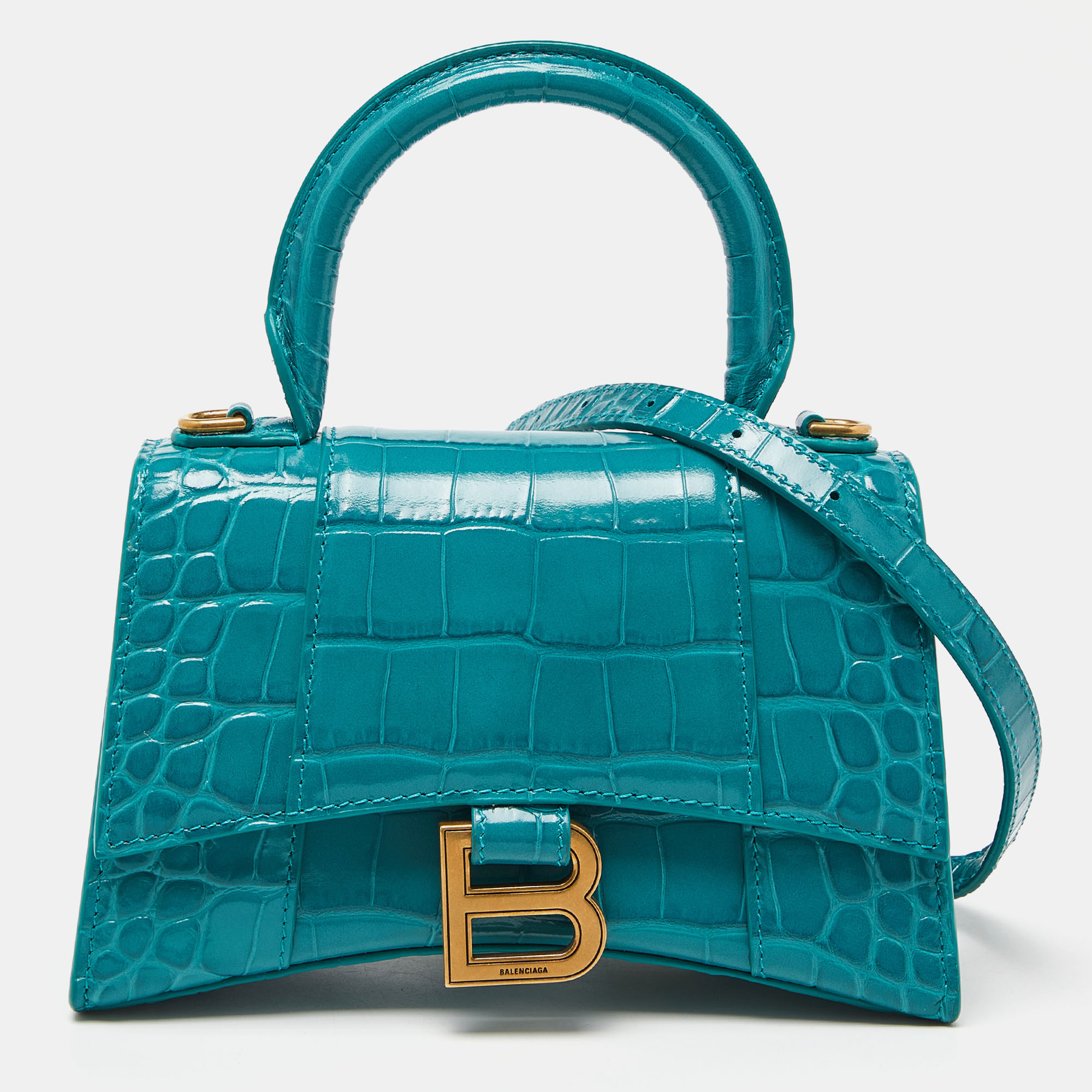 Balenciaga green croc embossed leather xs hourglass top handle bag