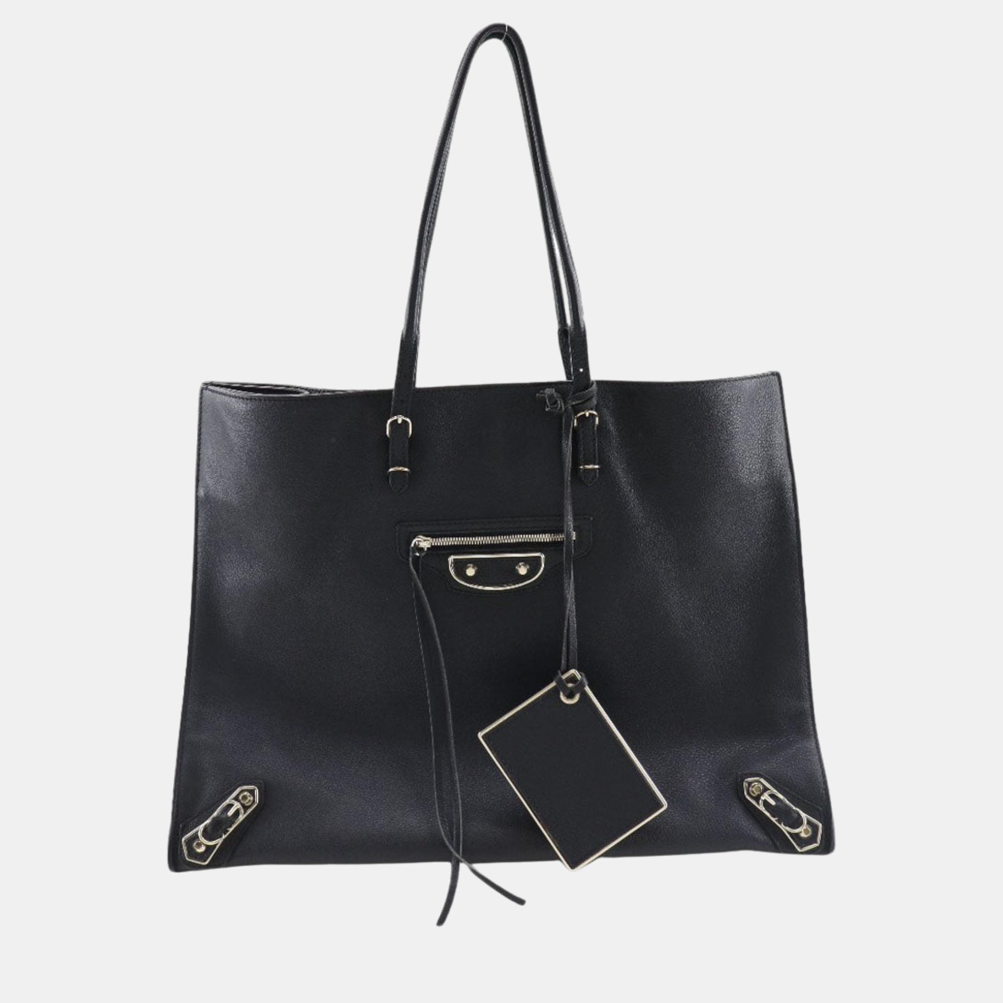 Balenciaga black leather papier tote bag