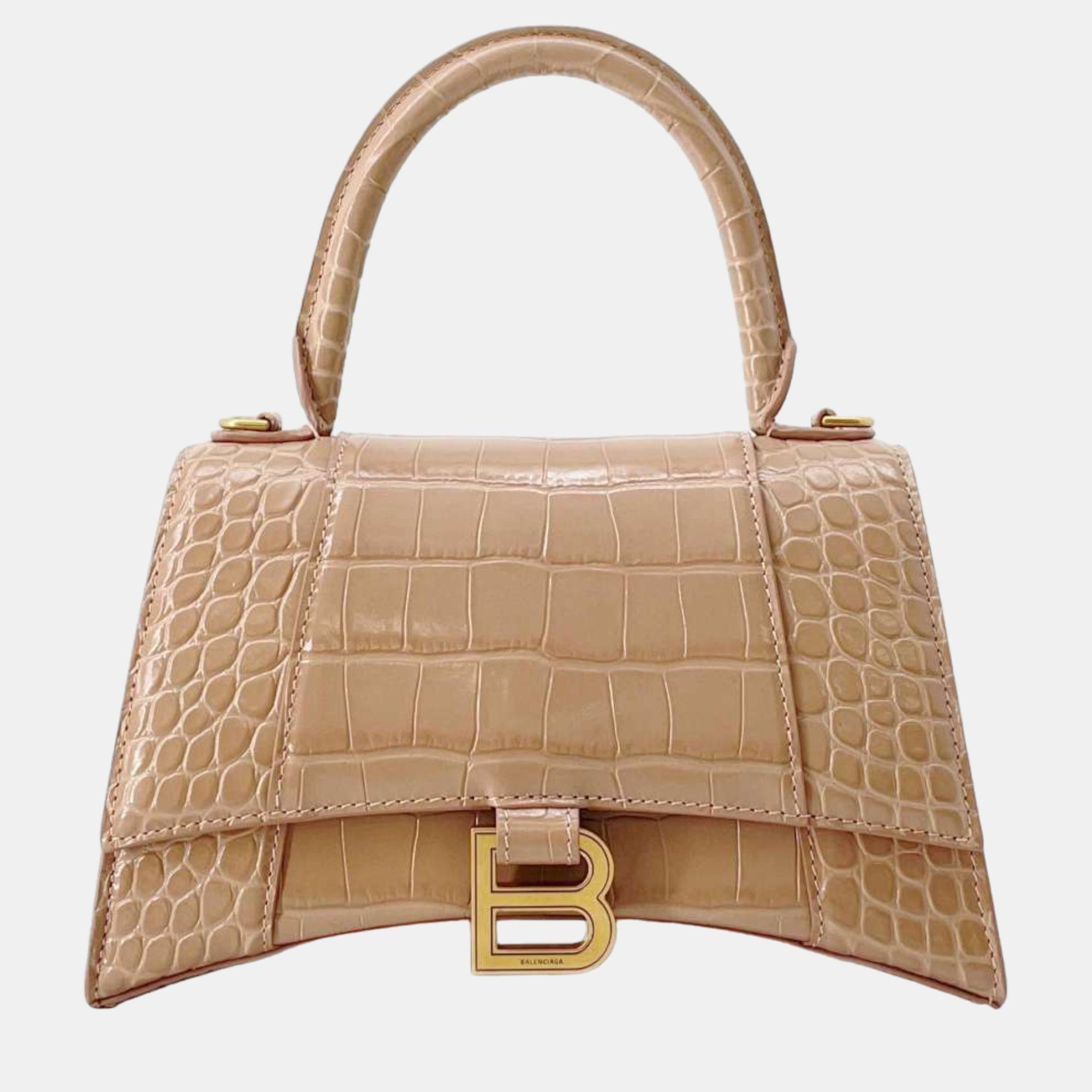 Balenciaga pink croc embossed leather small hourglass top handle bag