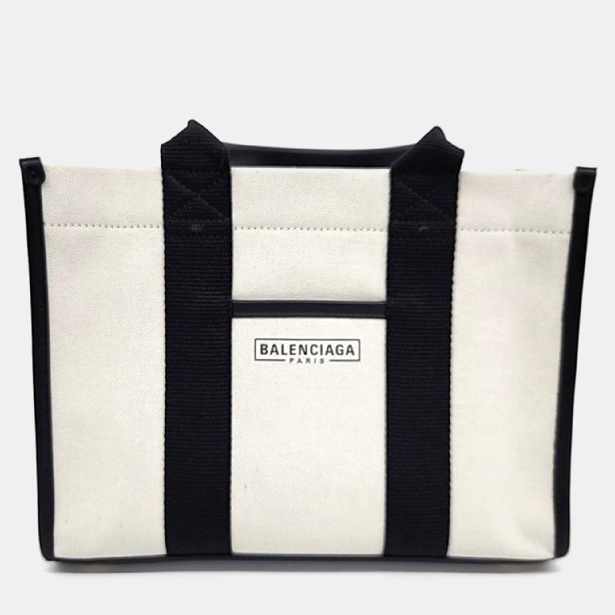 Balenciaga black/ivory canvas and leather small hardware tote bag