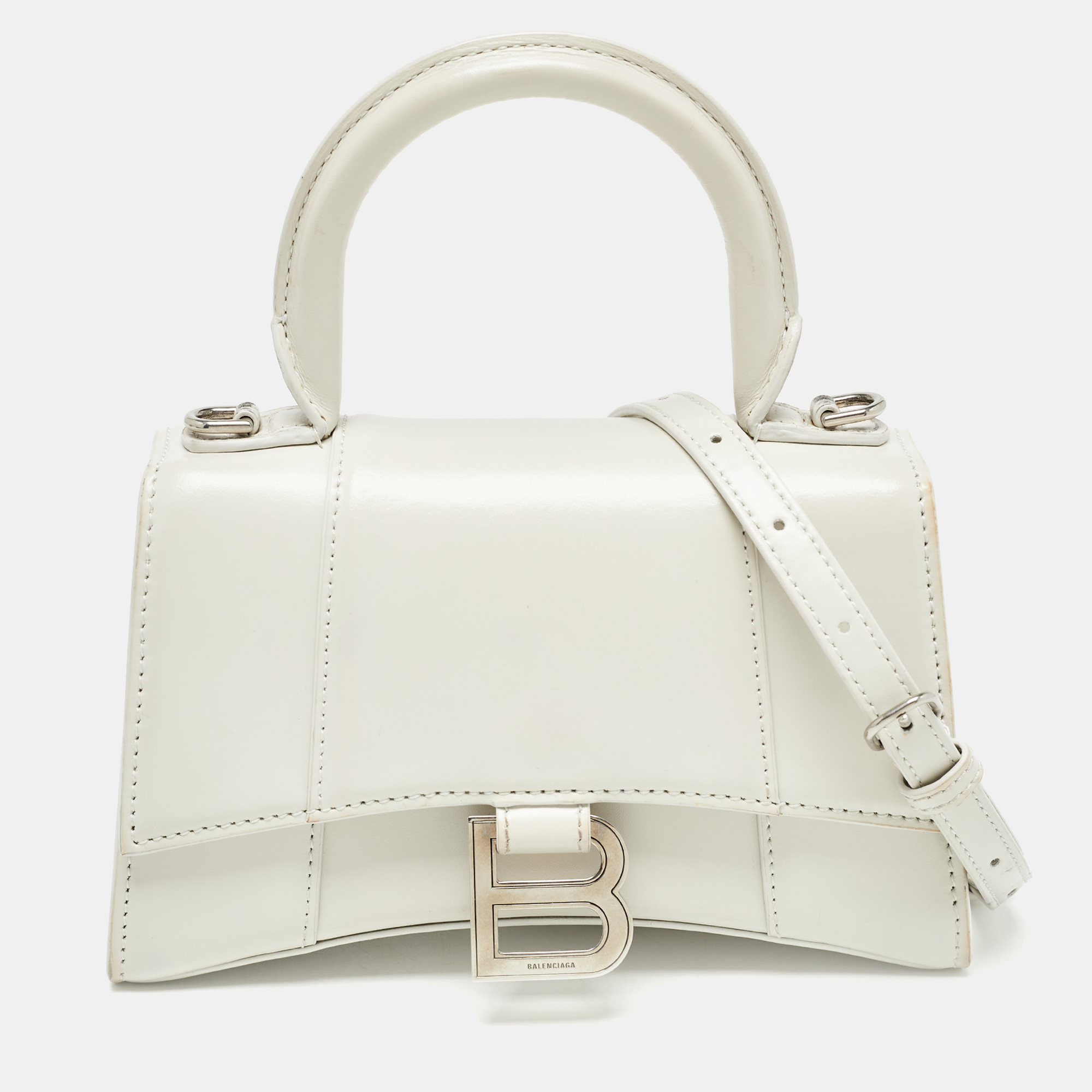 Balenciaga off white leather xs hourglass top handle bag