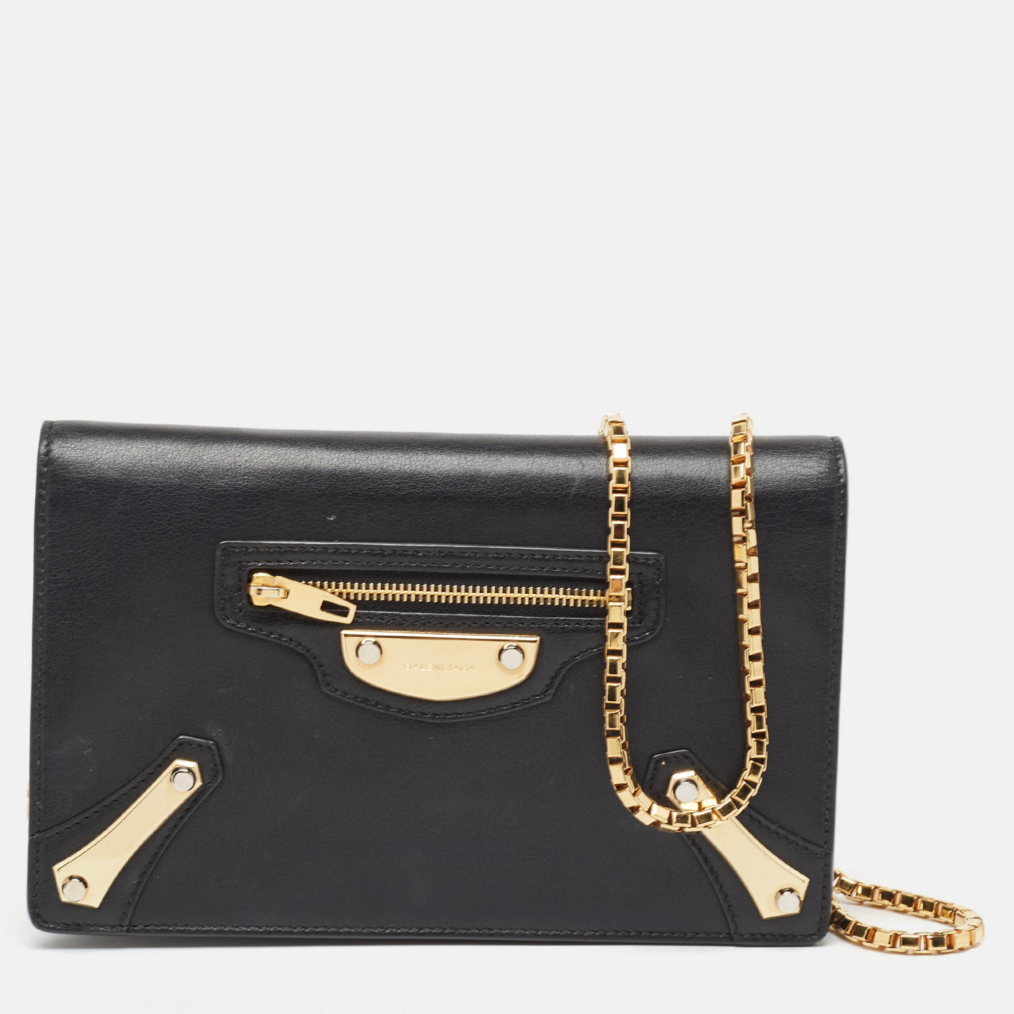Balenciaga black leather amp plate gold wallet on chain