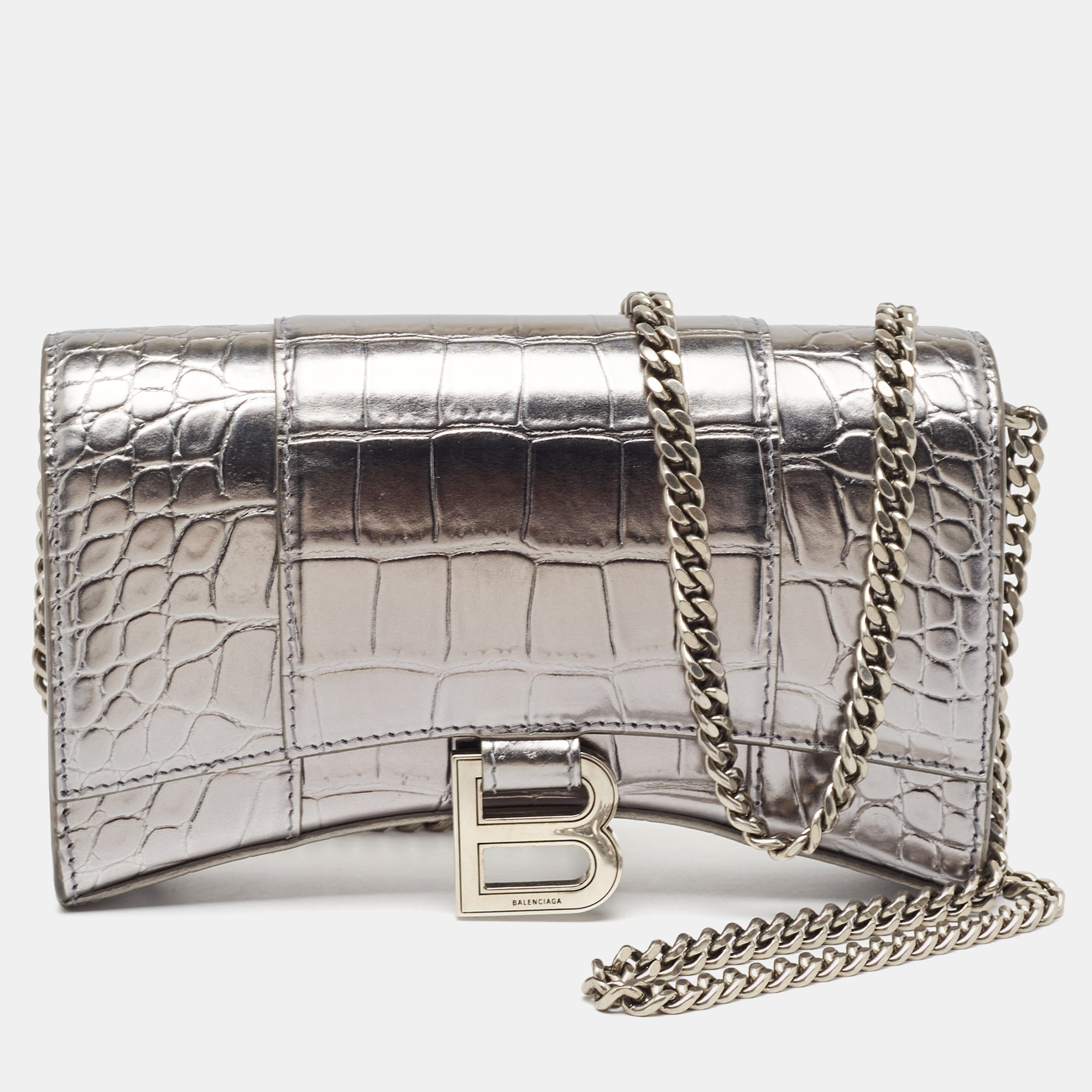 Balenciaga silver croc embossed leather hourglass wallet on chain