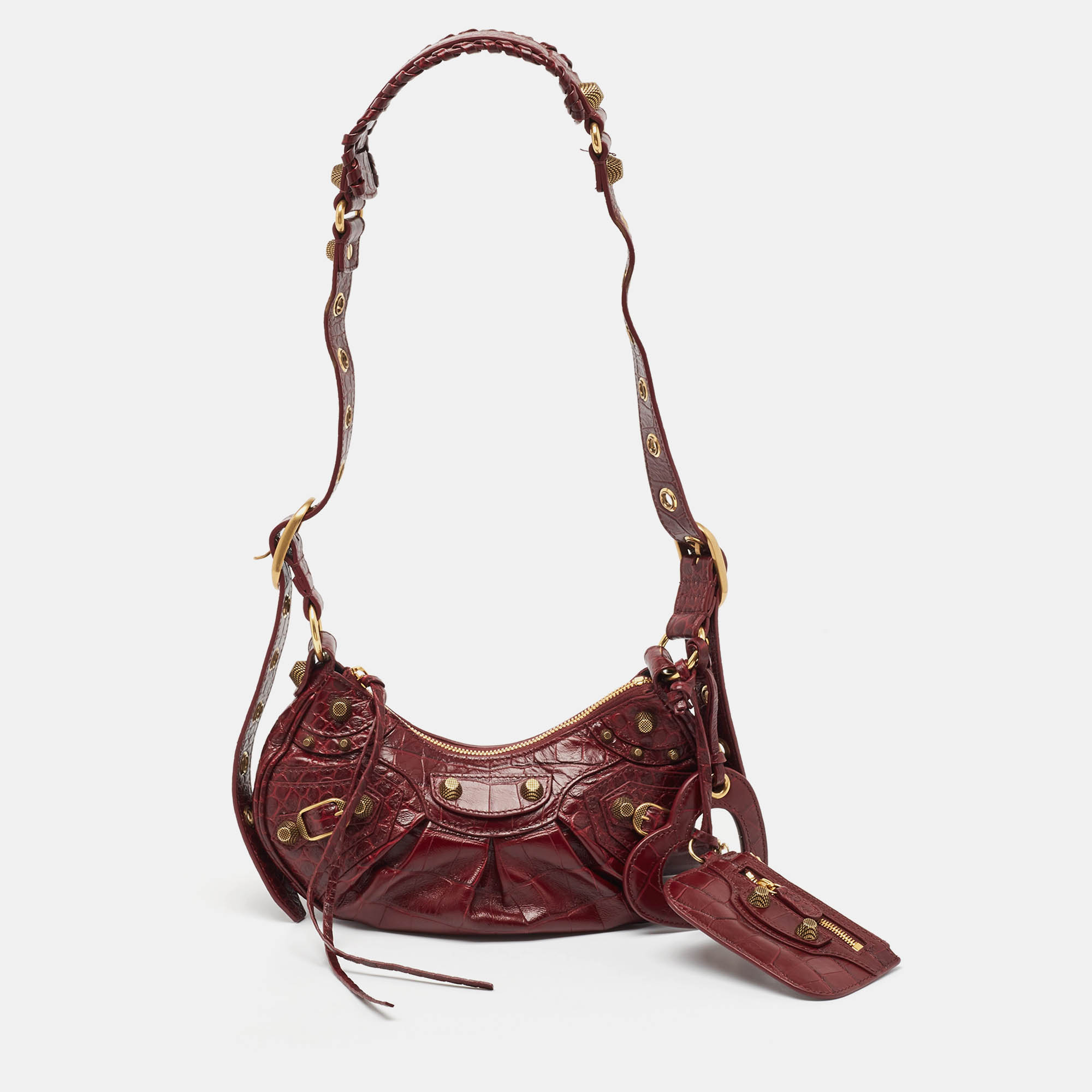 Balenciaga burgundy croc embossed leather xs le cagole shoulder bag