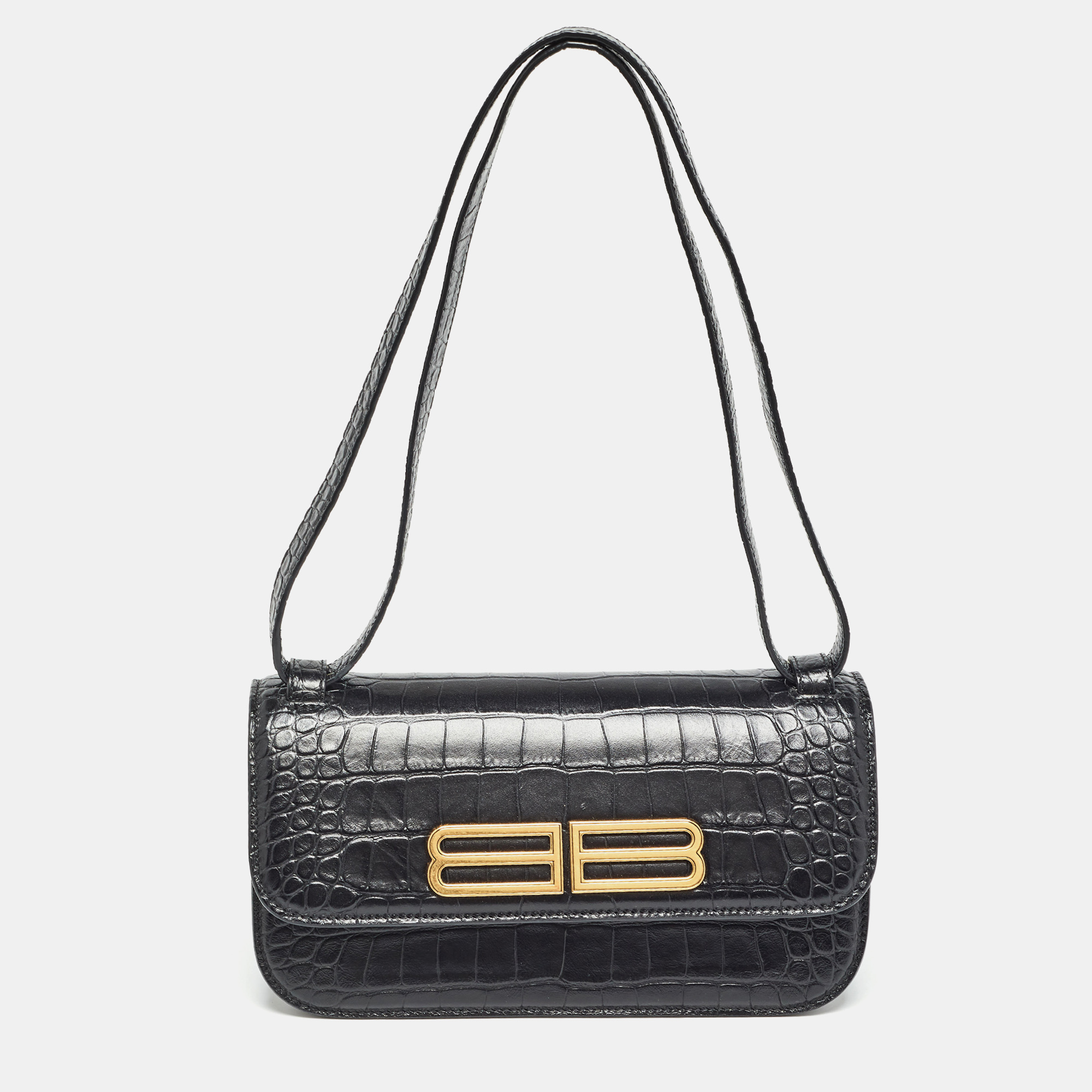 Balenciaga black croc embossed leather small gossip shoulder bag