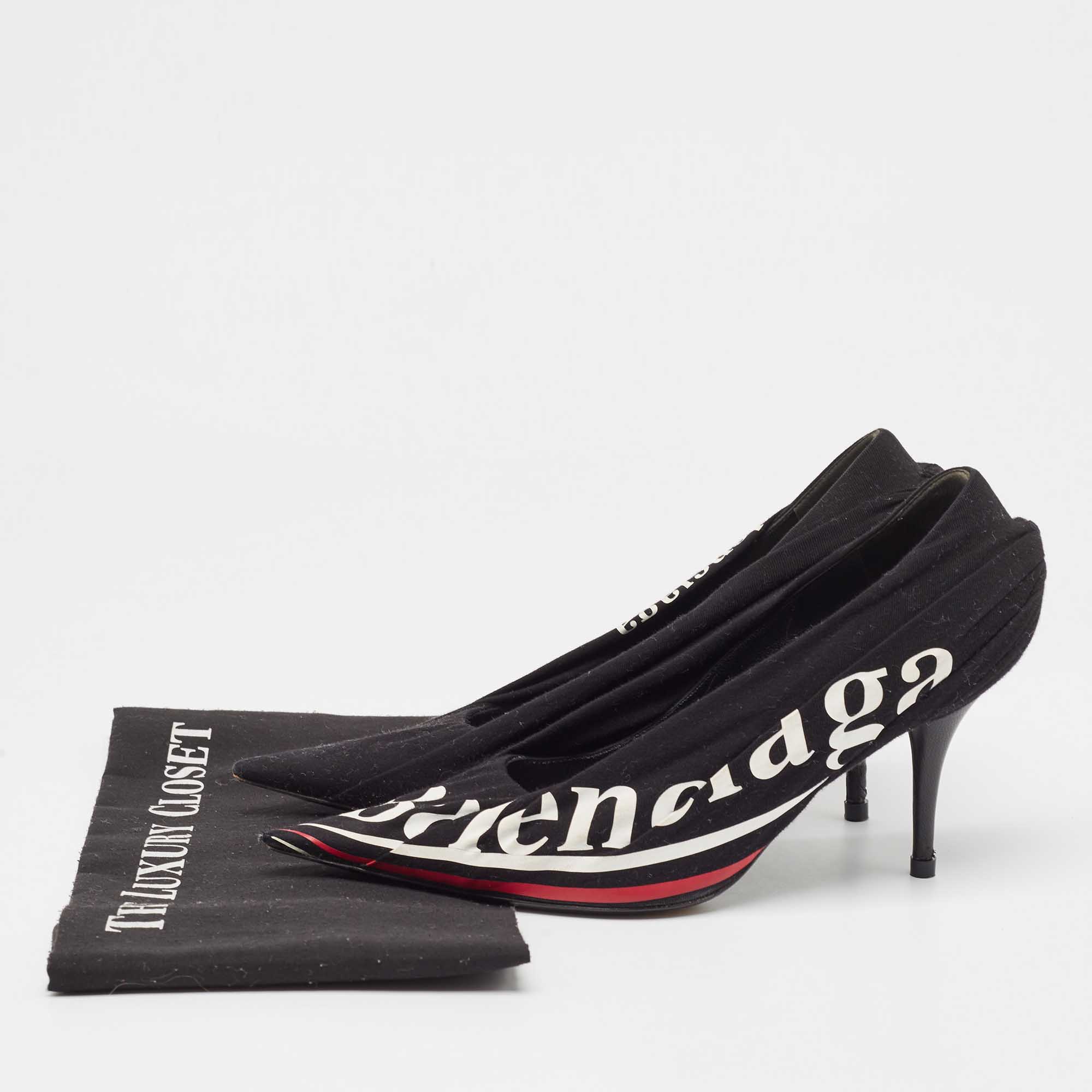 Balenciaga Black Logo Print Fabric Knife Pumps Size 38