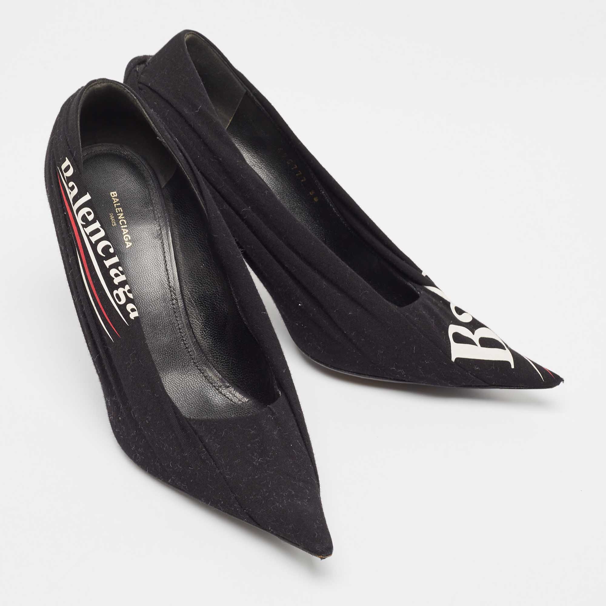 Balenciaga Black Logo Print Fabric Knife Pumps Size 38