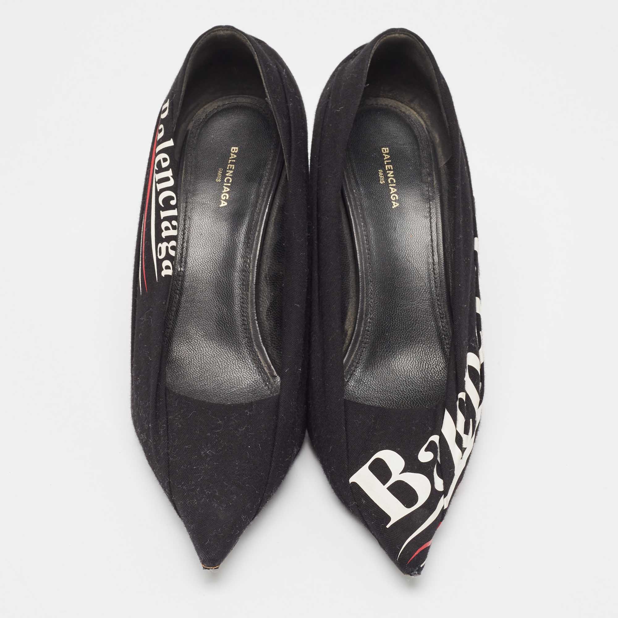 Balenciaga Black Logo Print Fabric Knife Pumps Size 38