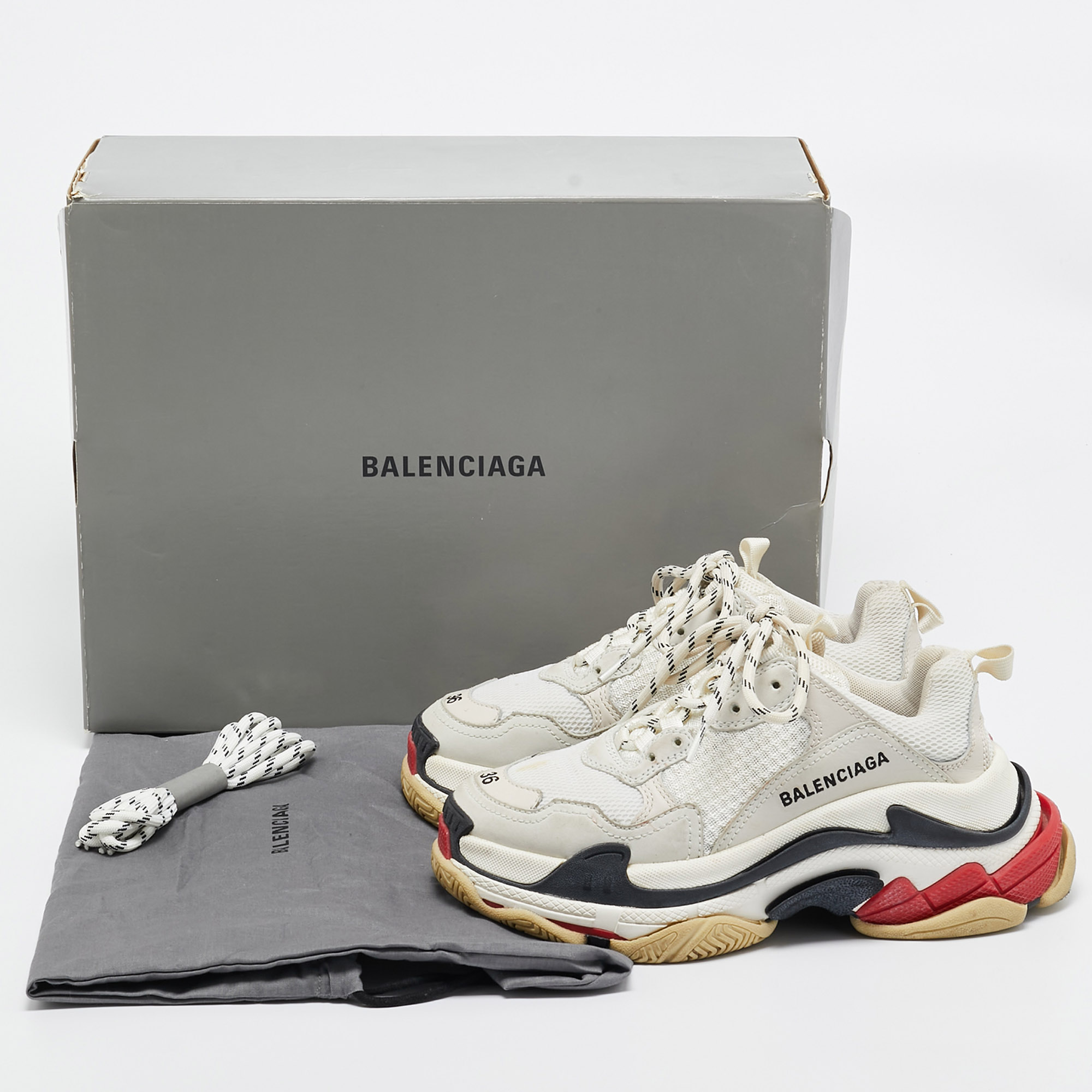 Balenciaga White/Grey Mesh And Nubuck Leather Triple S Sneakers Size 36