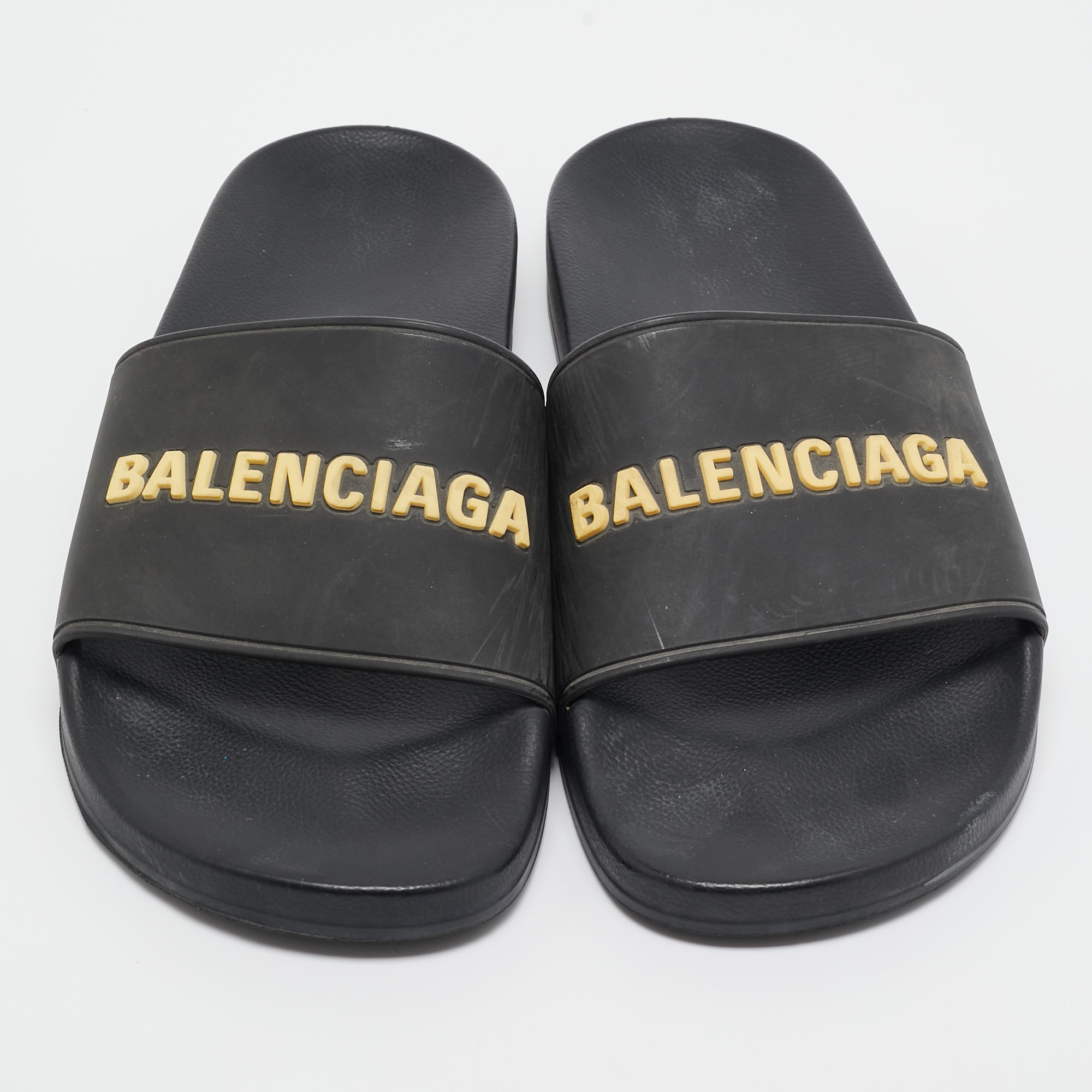 Balenciaga Black Rubber Embossed Logo Pool Slides Size 41