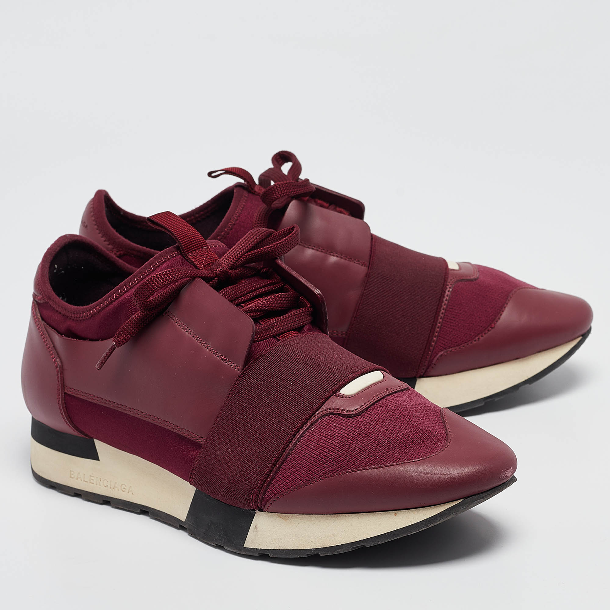 Balenciaga Burgundy Leather And Neoprene Race Runner Sneakers Size 40