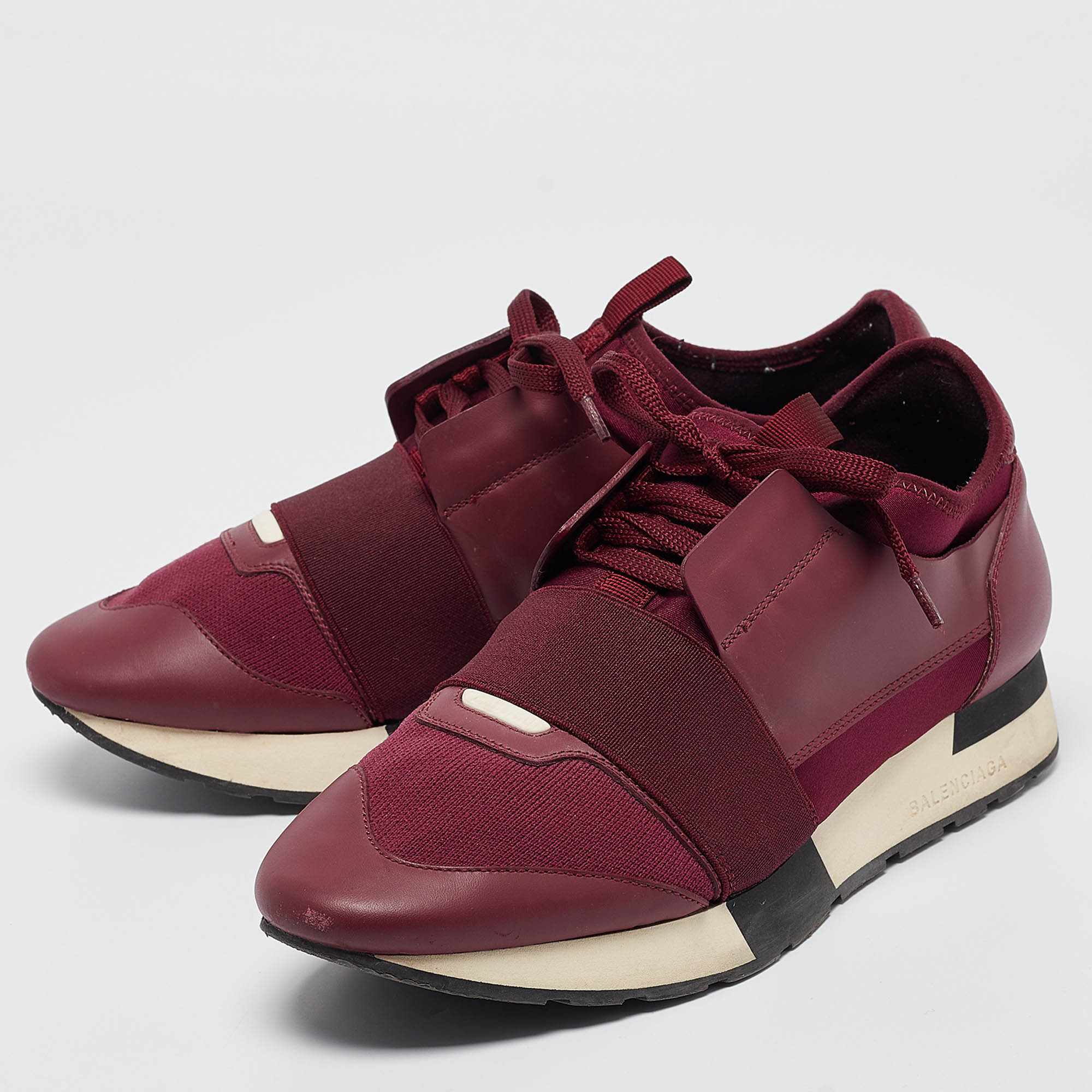 Balenciaga Burgundy Leather And Neoprene Race Runner Sneakers Size 40