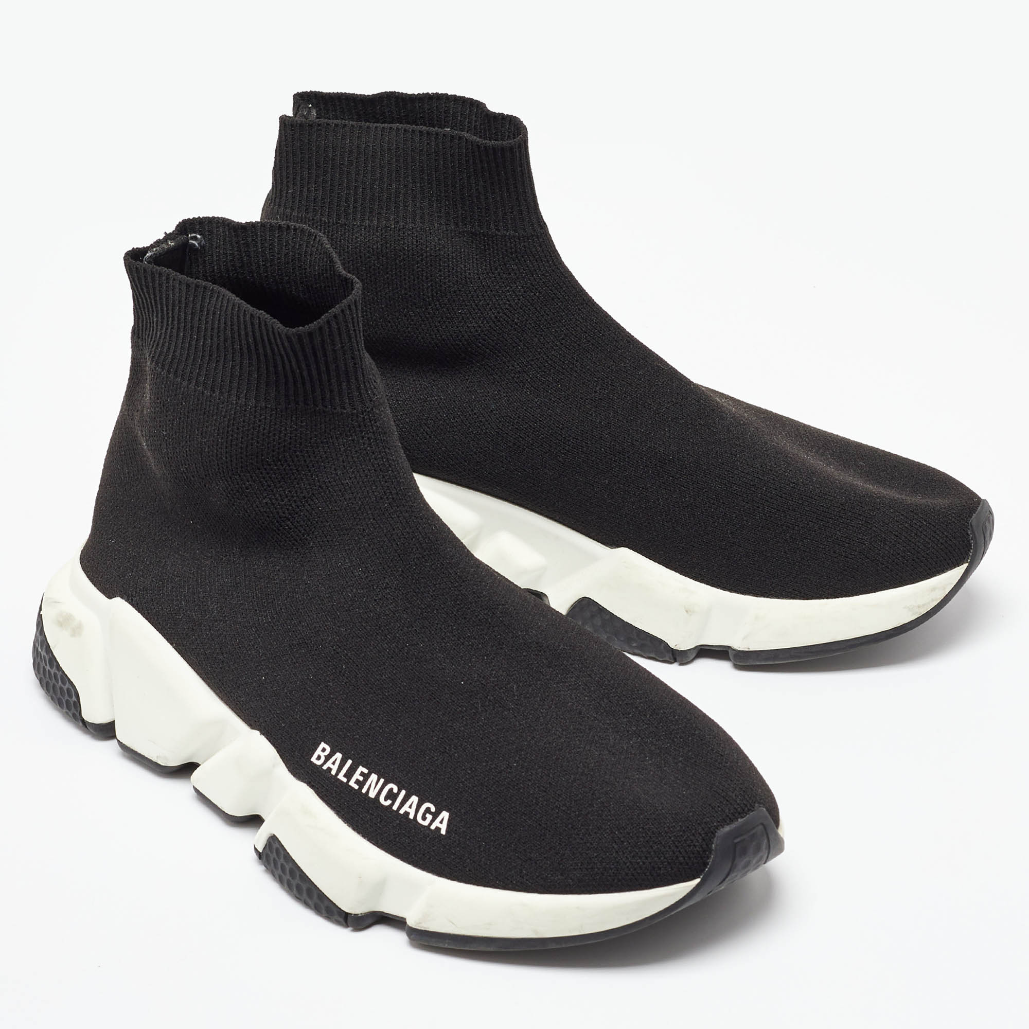 Balenciaga Black Knit Fabric Speed Trainer Slip On High-Top Sneakers Size 37