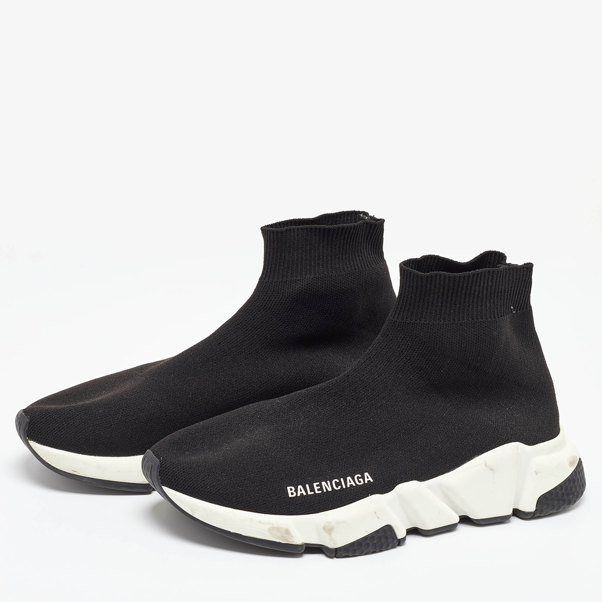 Balenciaga Black Knit Fabric Speed Trainer Slip On High-Top Sneakers Size 37