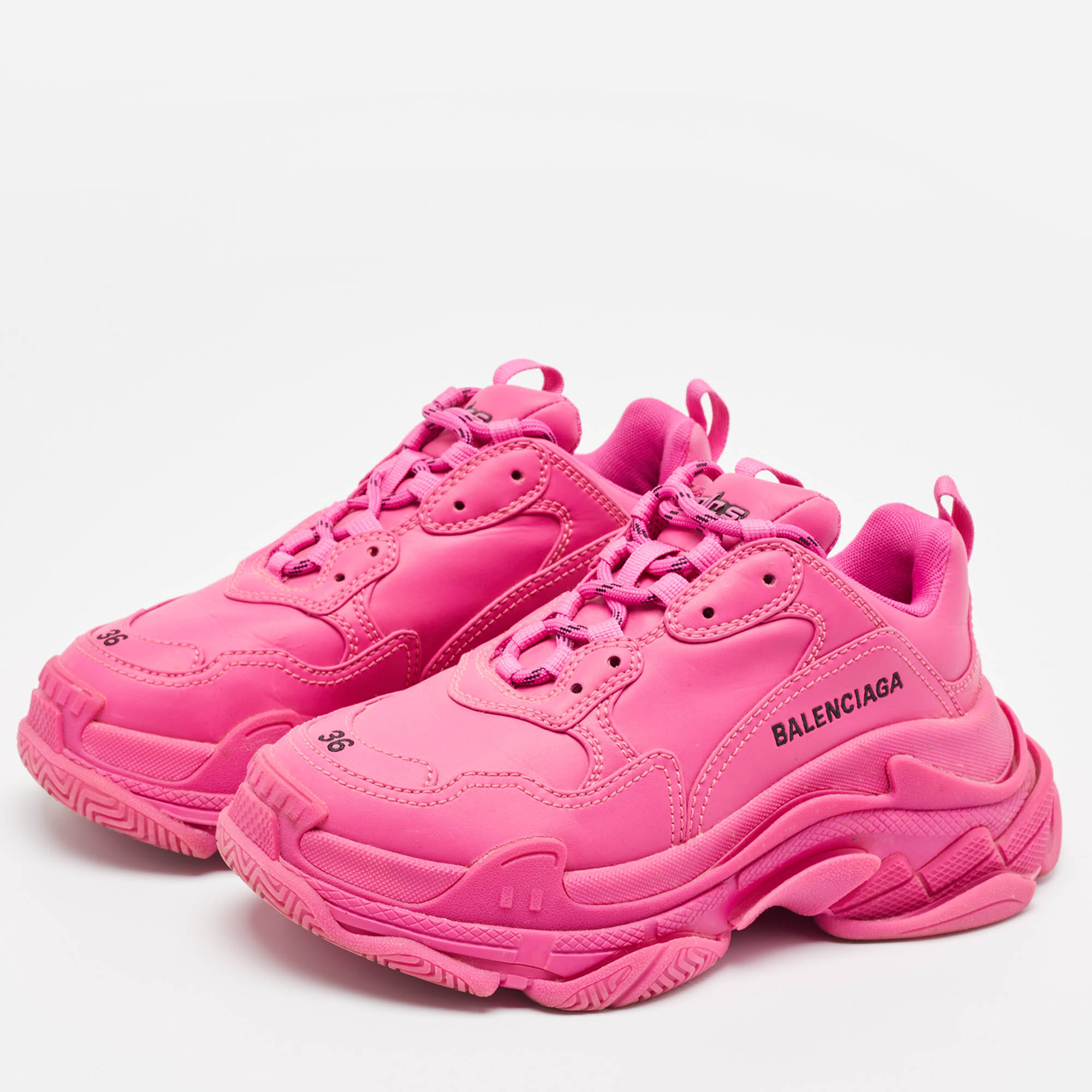 Balenciaga Pink Leather Triple S Lace Up Sneakers Size 36