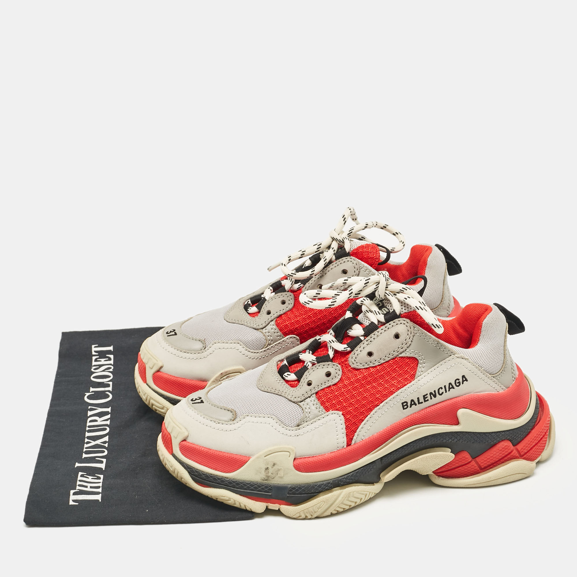 Balenciaga Grey/Red Faux Leather And Mesh Triple S Sneakers Size 37