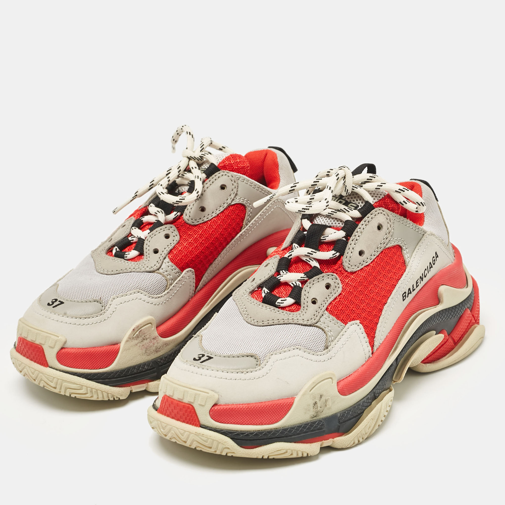 Balenciaga Grey/Red Faux Leather And Mesh Triple S Sneakers Size 37