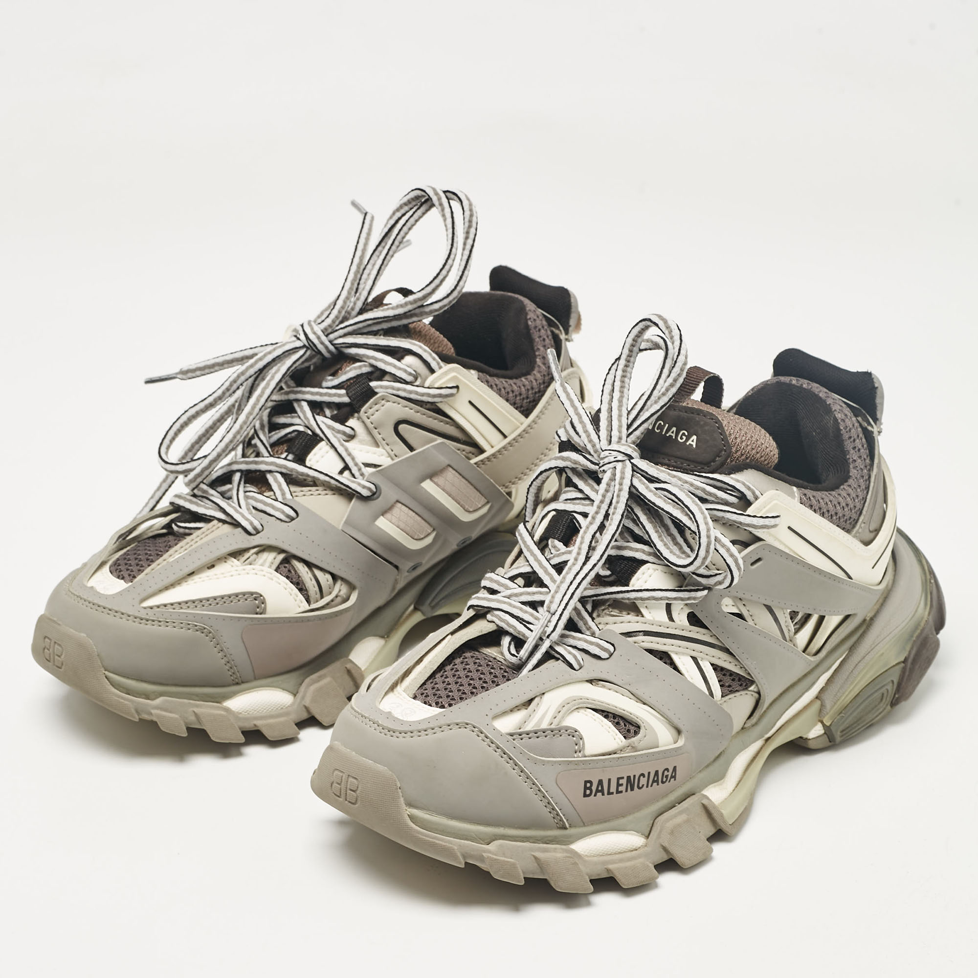 Balenciaga Grey Faux Leather And Mesh Track Lace Up Sneakers Size 38