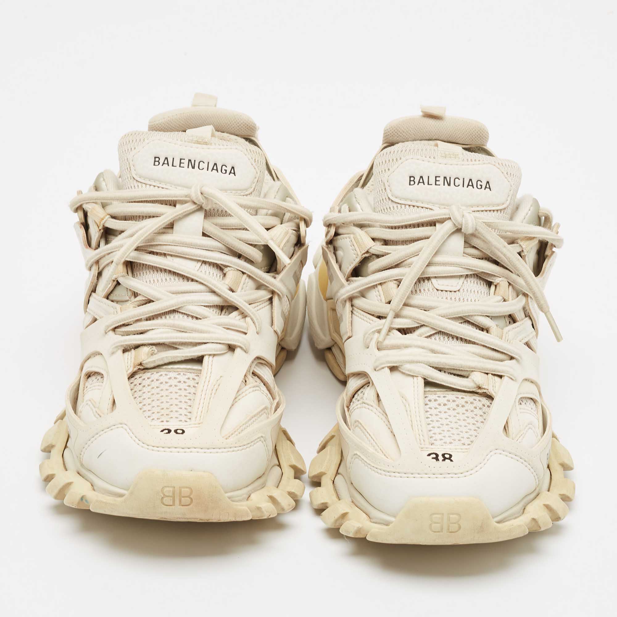 Balenciaga White Faux Leather And Mesh Track Lace Up Sneakers Size 38