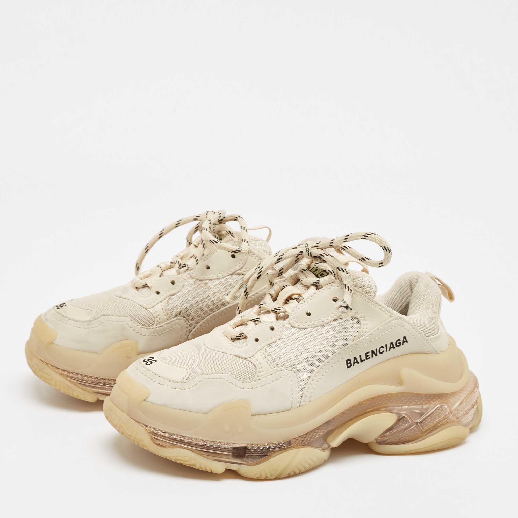 Balenciaga Beige Mesh And Faux Leather Triple S Sneakers Size 36