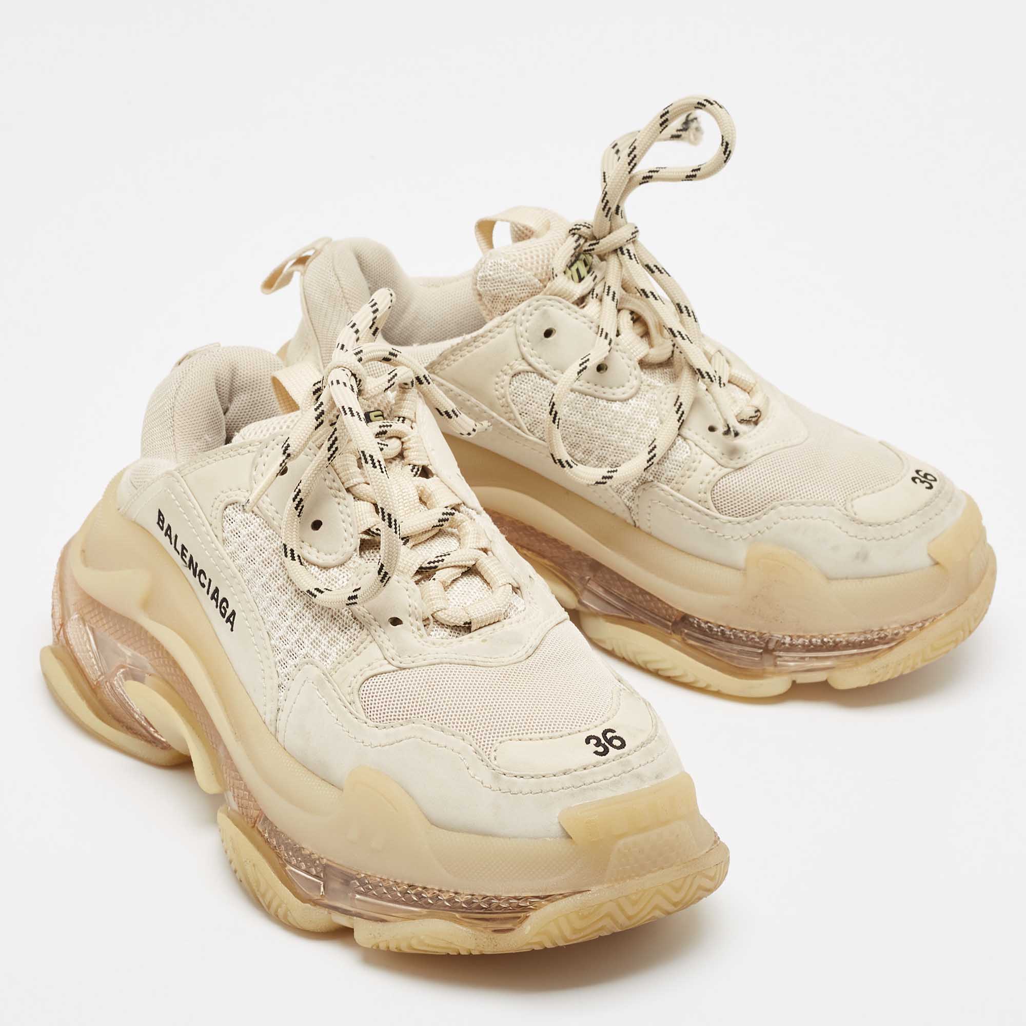 Balenciaga Beige Mesh And Faux Leather Triple S Sneakers Size 36