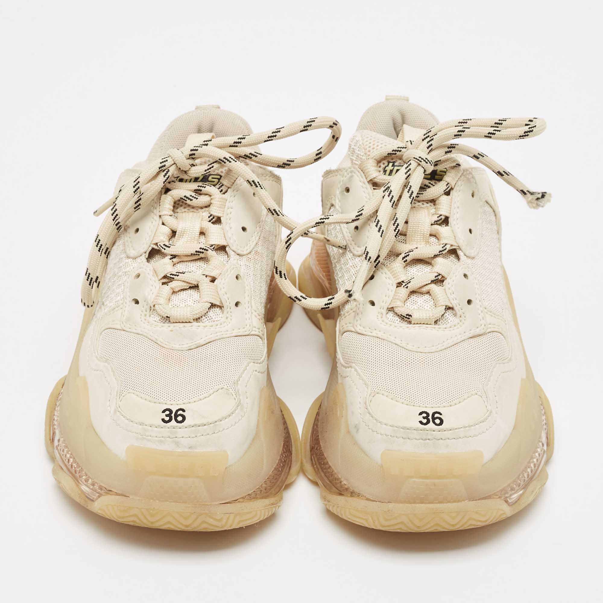 Balenciaga Beige Mesh And Faux Leather Triple S Sneakers Size 36