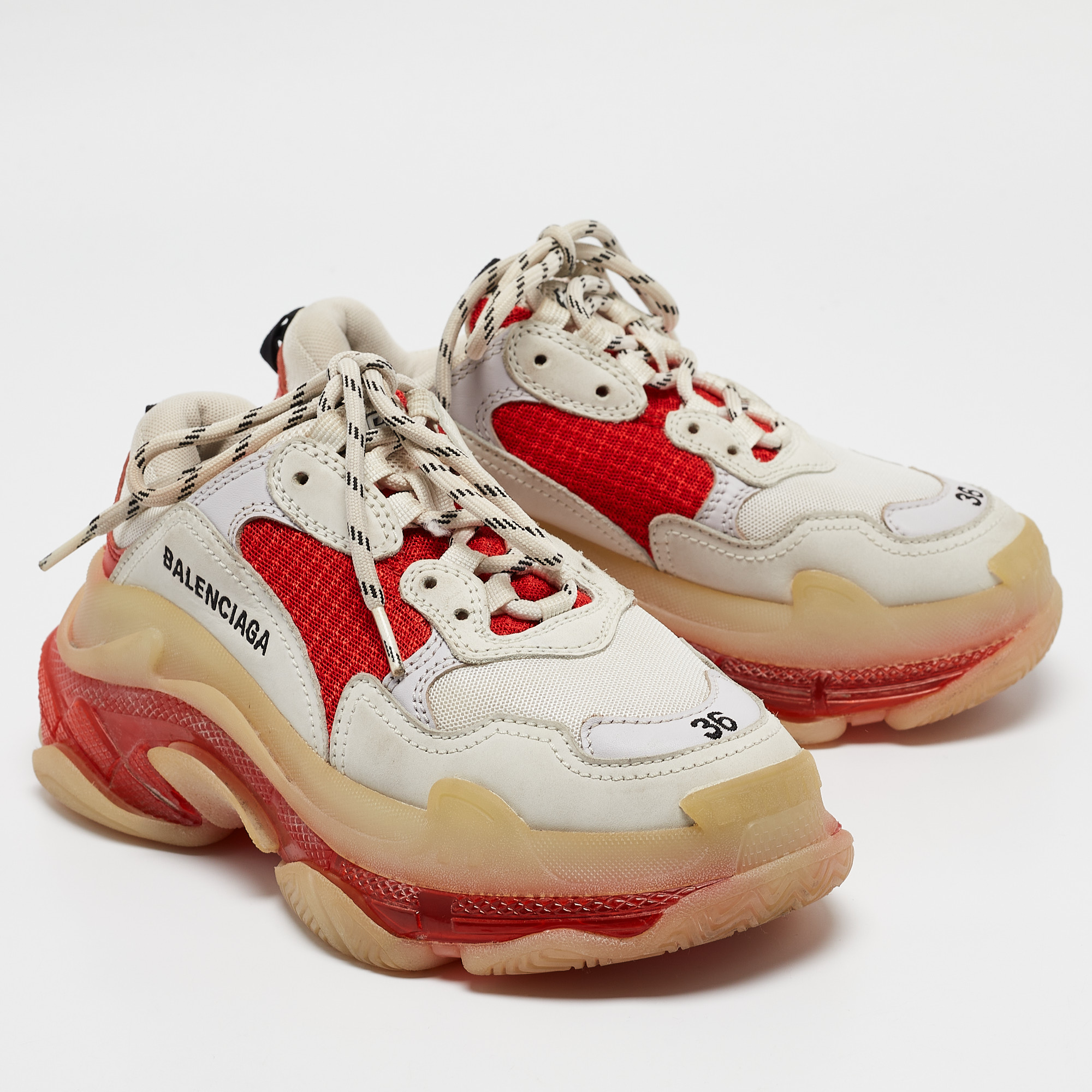 Balenciaga White/Red Leather And Mesh Triple S Clear Sole Sneakers Size 36