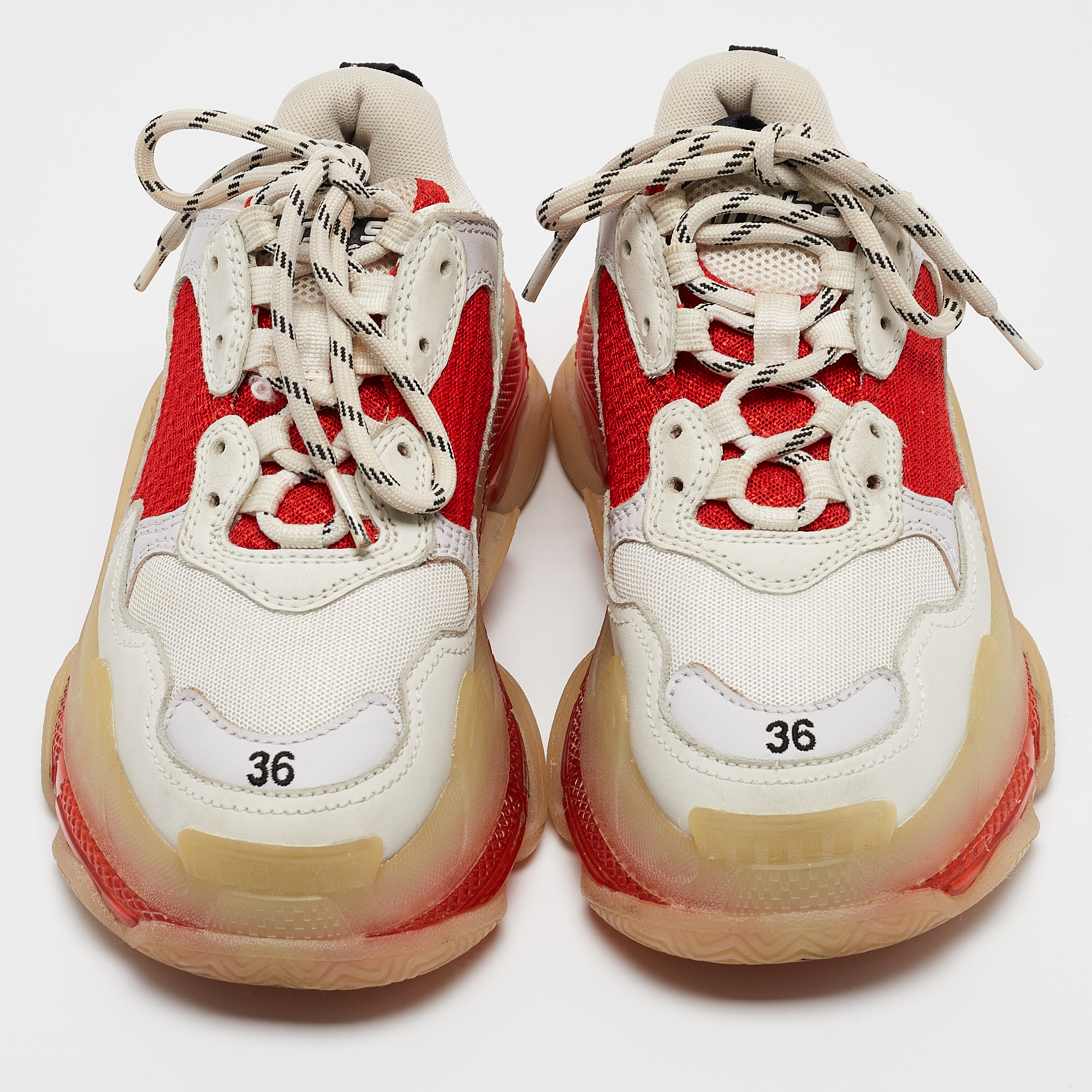 Balenciaga White/Red Leather And Mesh Triple S Clear Sole Sneakers Size 36