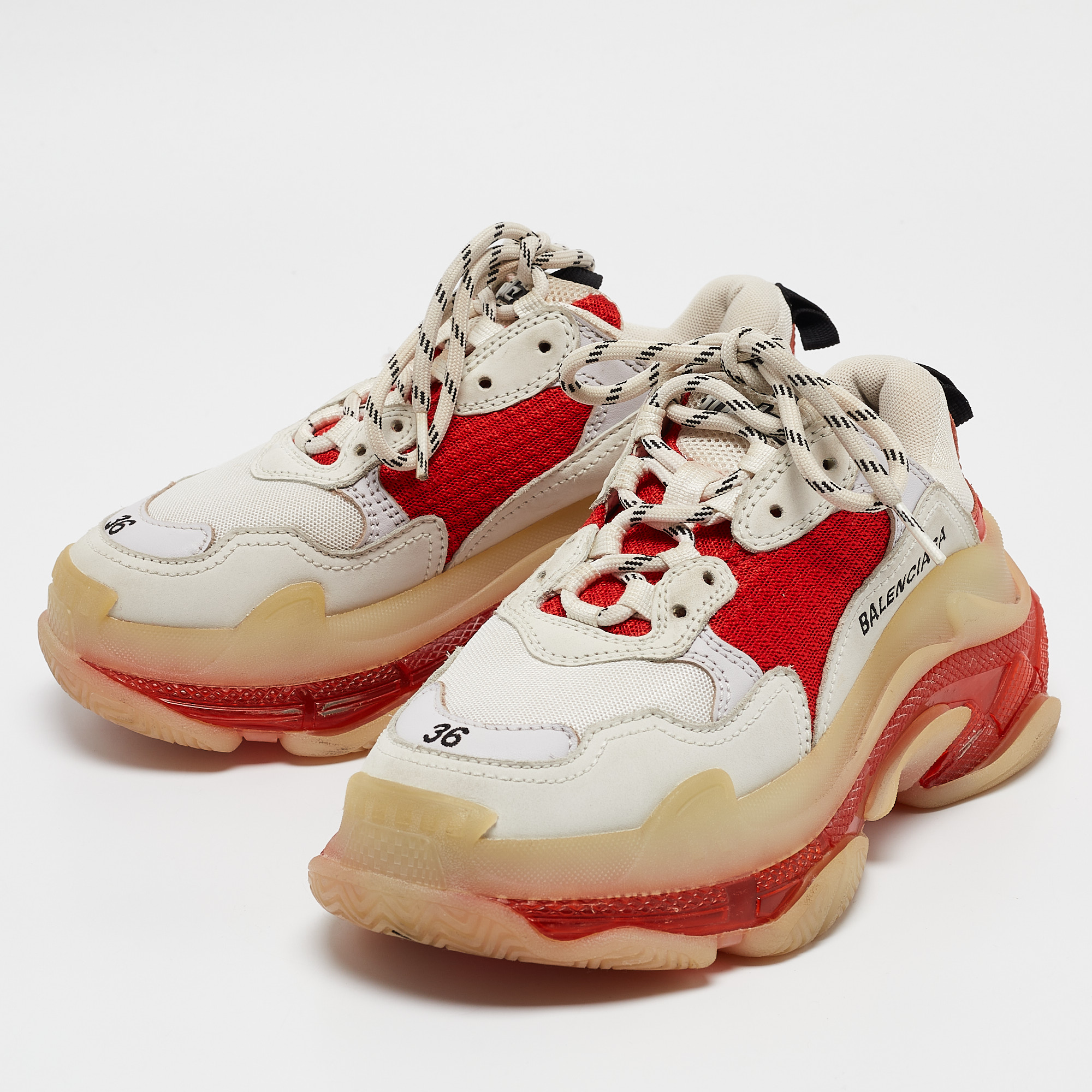 Balenciaga White/Red Leather And Mesh Triple S Clear Sole Sneakers Size 36