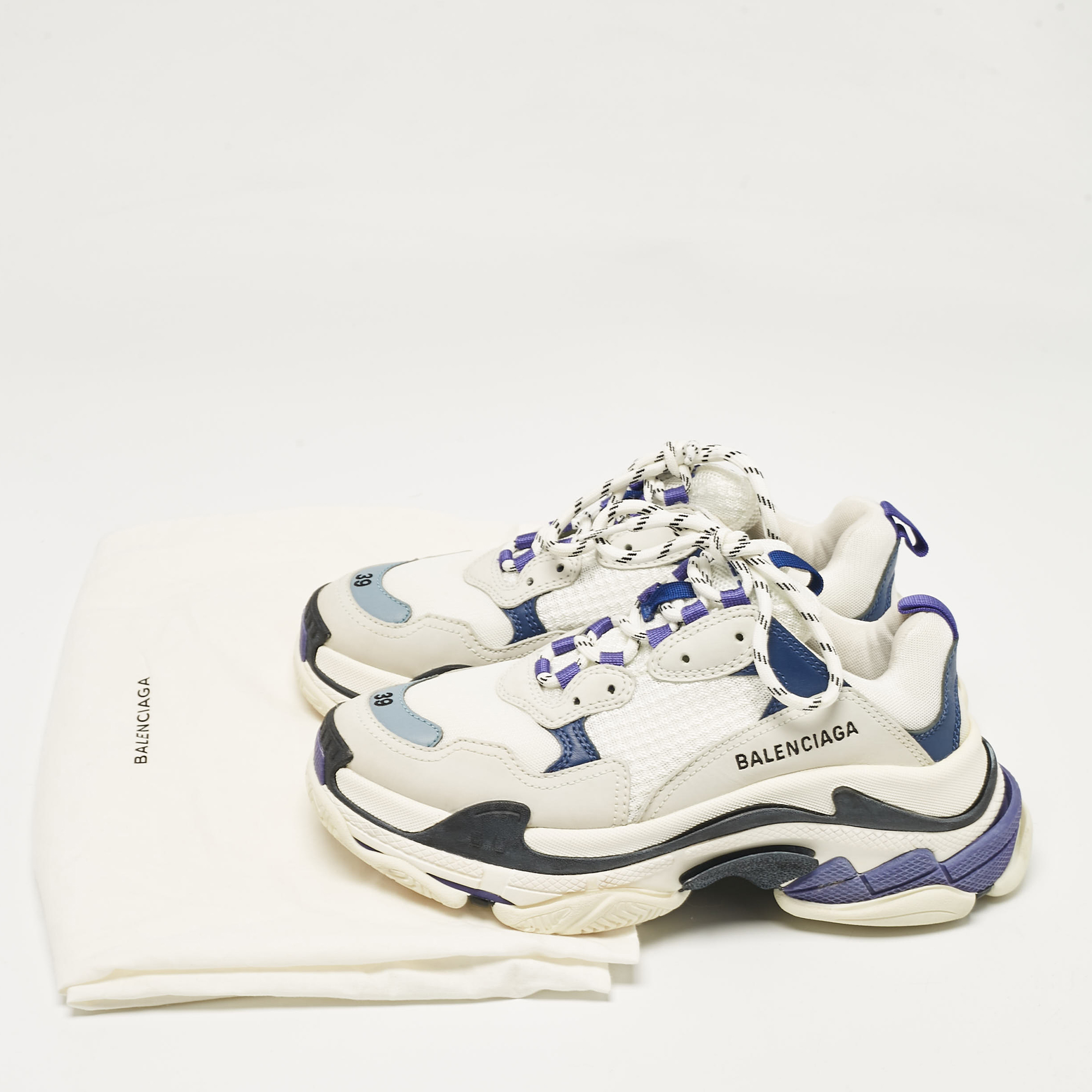 Balenciaga White/Blue Mesh And Leather Triple S Sneakers Size 39