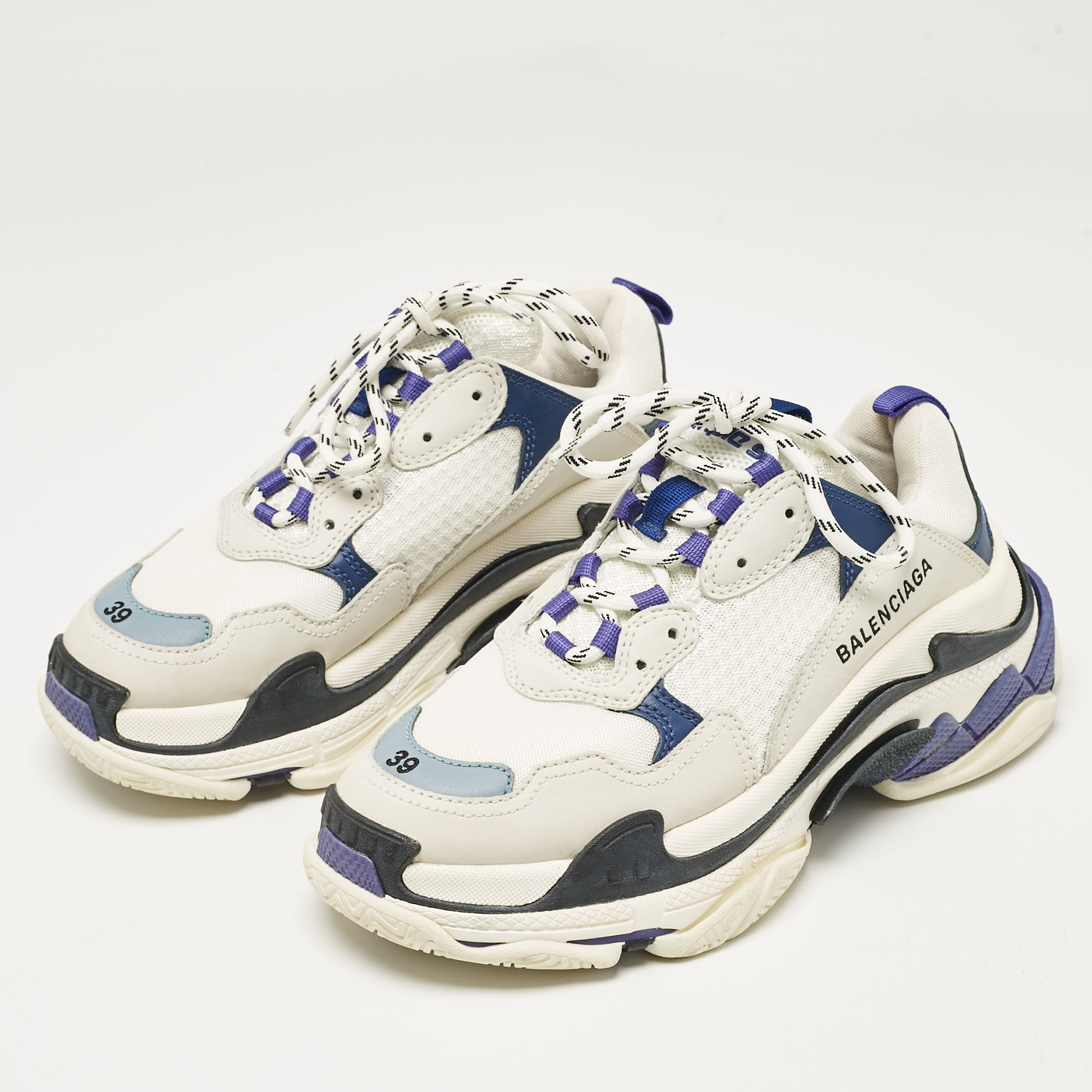 Balenciaga White/Blue Mesh And Leather Triple S Sneakers Size 39