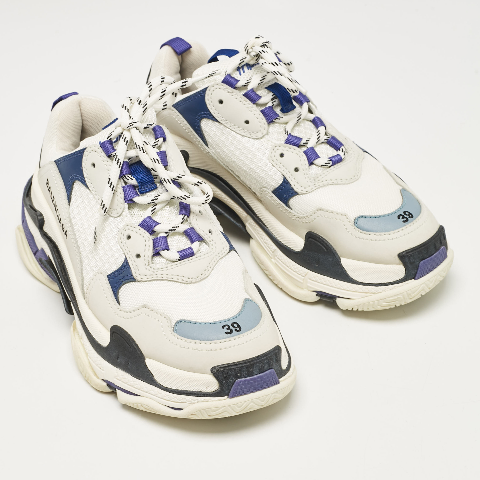 Balenciaga White/Blue Mesh And Leather Triple S Sneakers Size 39