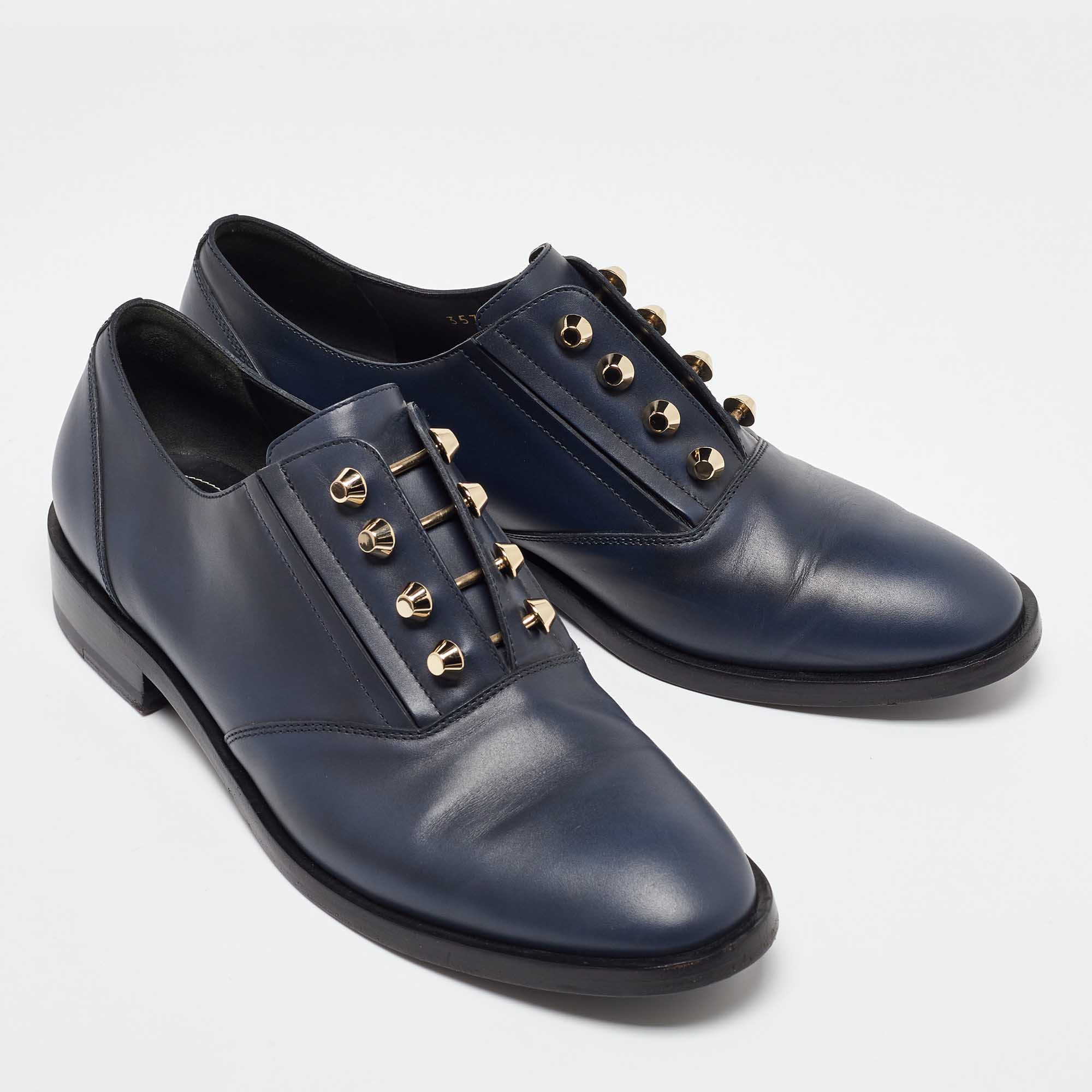 Balenciaga Navy Blue Leather Pierced Oxfords Size 41