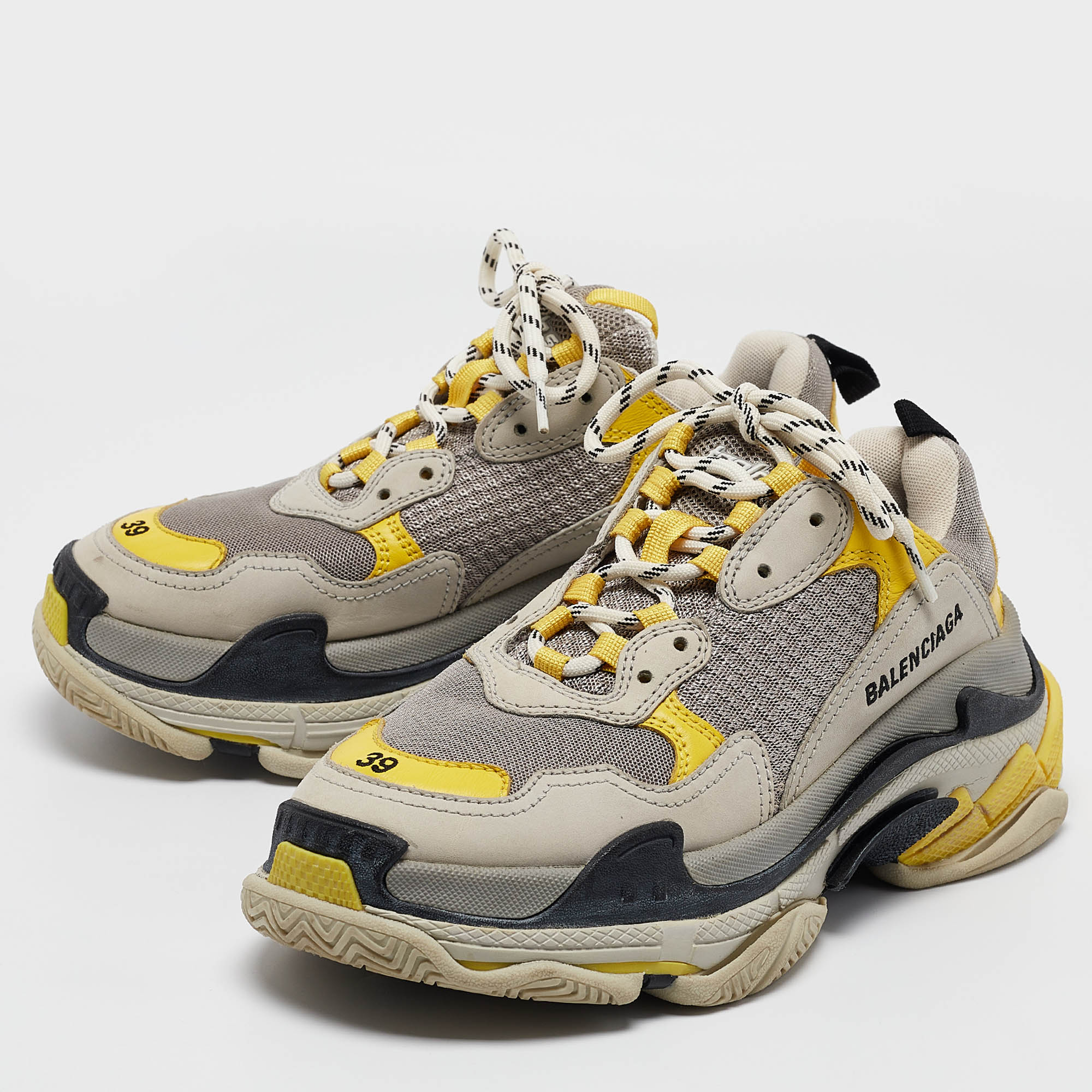 Balenciaga Grey/Yellow  Fabric And Faux Leather Triple S Lace Up Sneakers Size 39