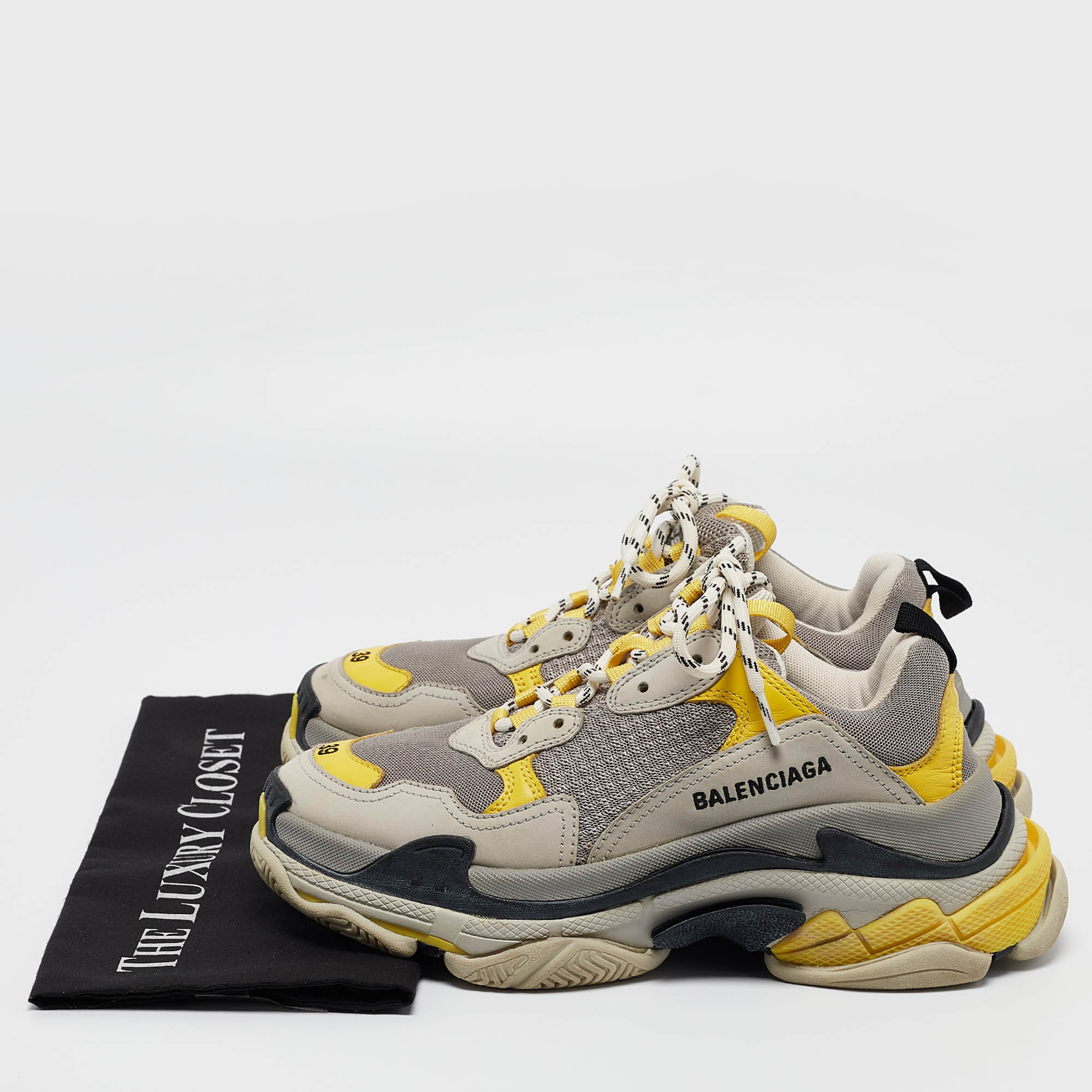 Balenciaga Grey/Yellow  Fabric And Faux Leather Triple S Lace Up Sneakers Size 39