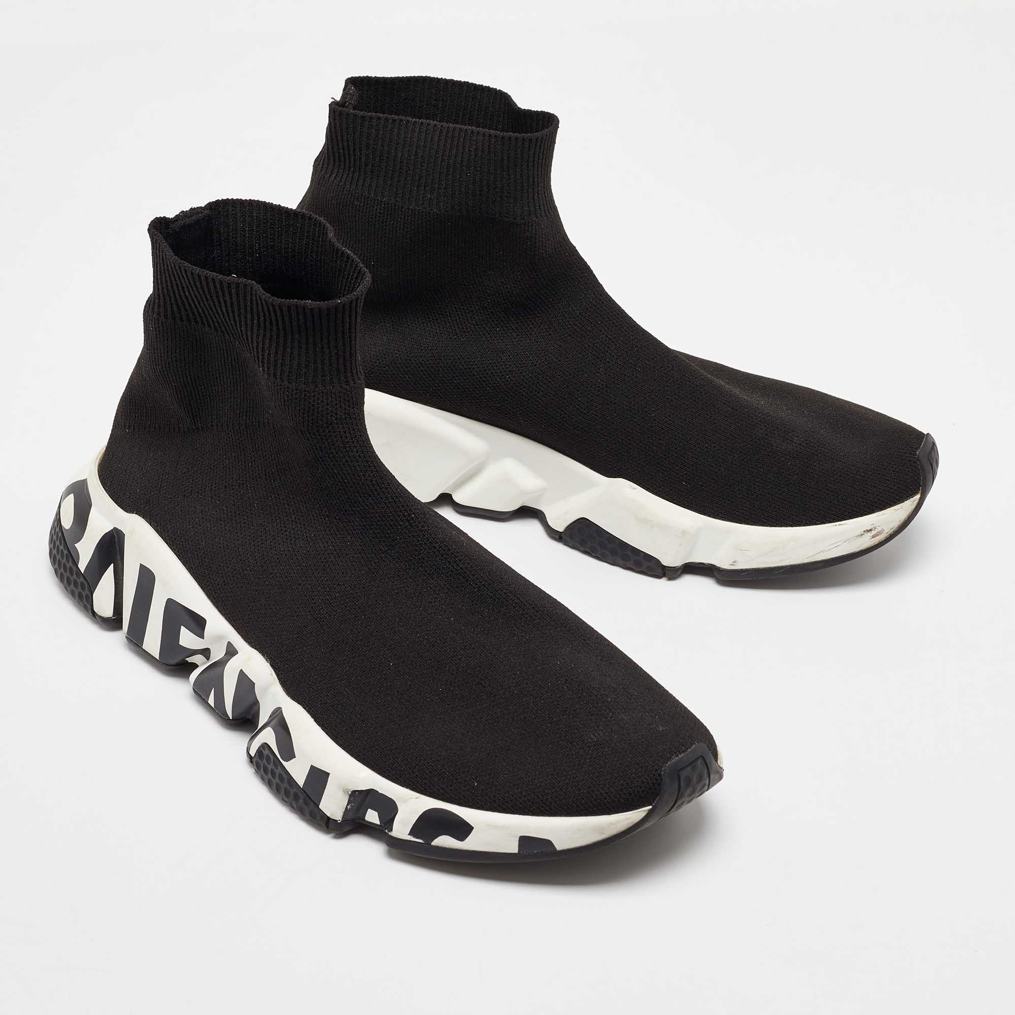 Balenciaga Black Knit Fabric Speed Trainer Slip On High Sneakers Size 39