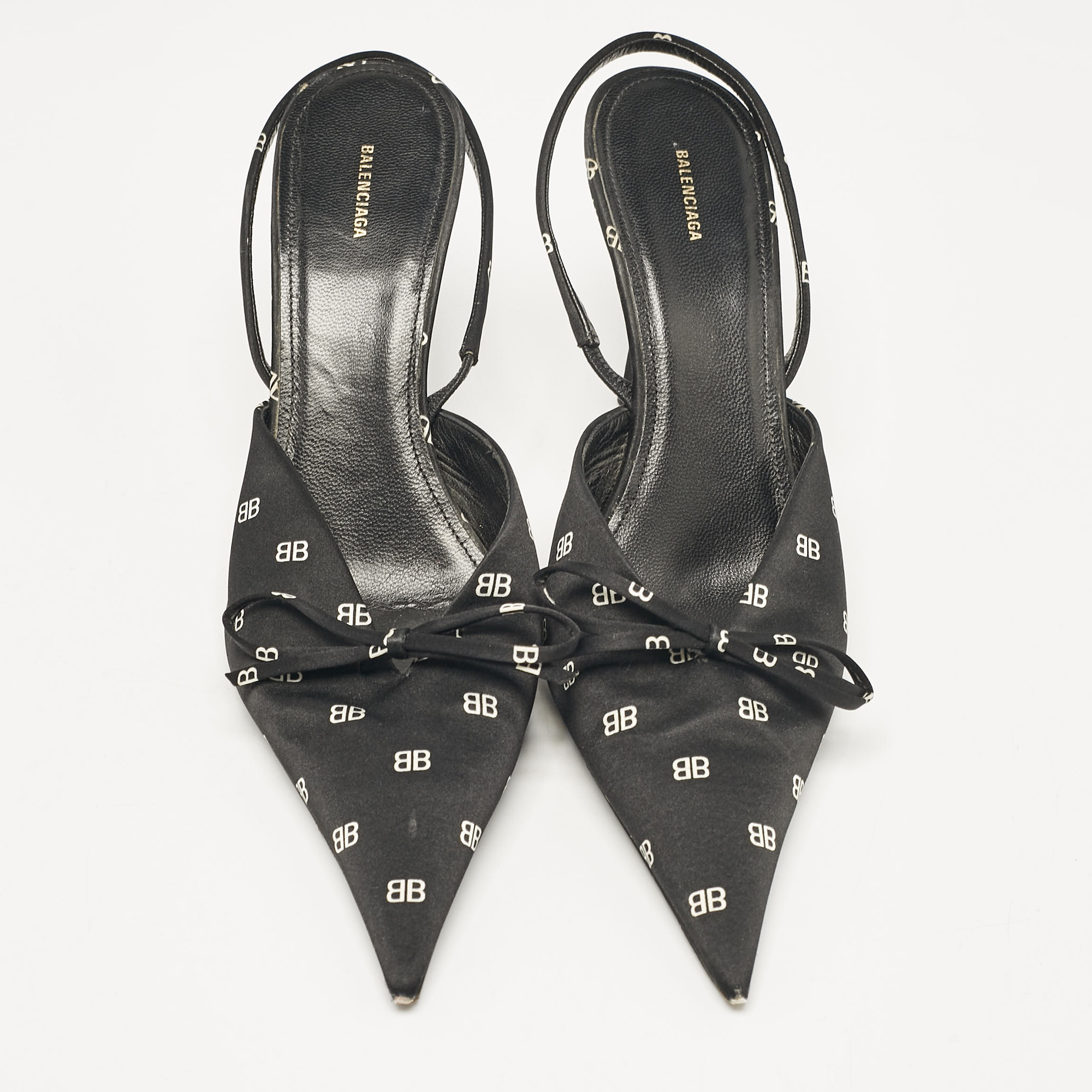 Balenciaga Black BB Print Satin Bow Knife Slingback Pumps Size 39.5