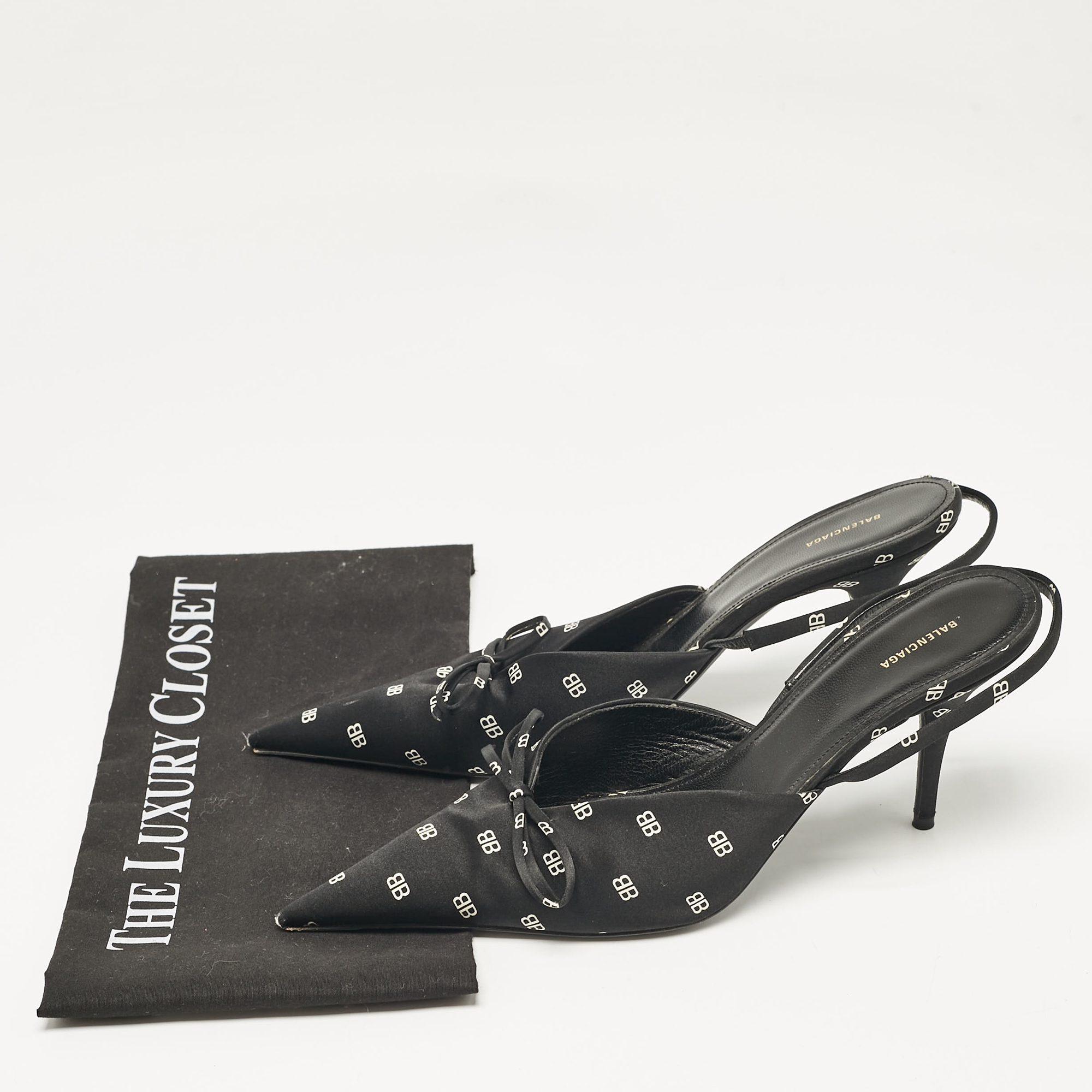 Balenciaga Black BB Print Satin Bow Knife Slingback Pumps Size 39.5