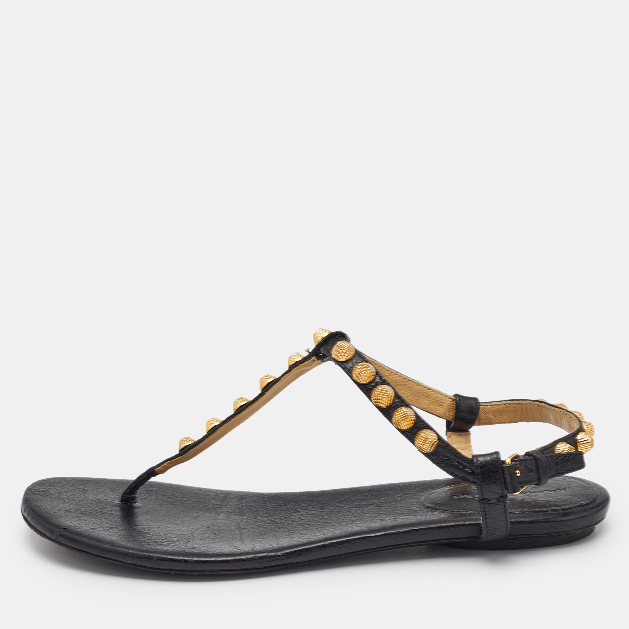 Balenciaga Black Leather Arena Studded Thong Flat Sandals Size 40.5
Balenciaga Black Leather Arena Studded Thong Flat Sandals Size 40.5
